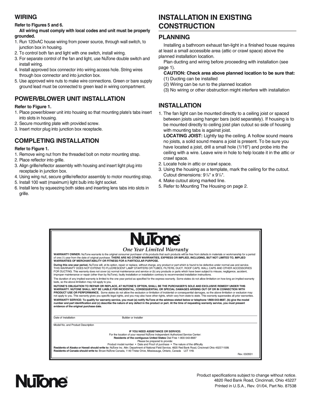 NuTone 763RLN Installation In Existing Construction, Planning, Power/Blower Unit Installation, Completing Installation 