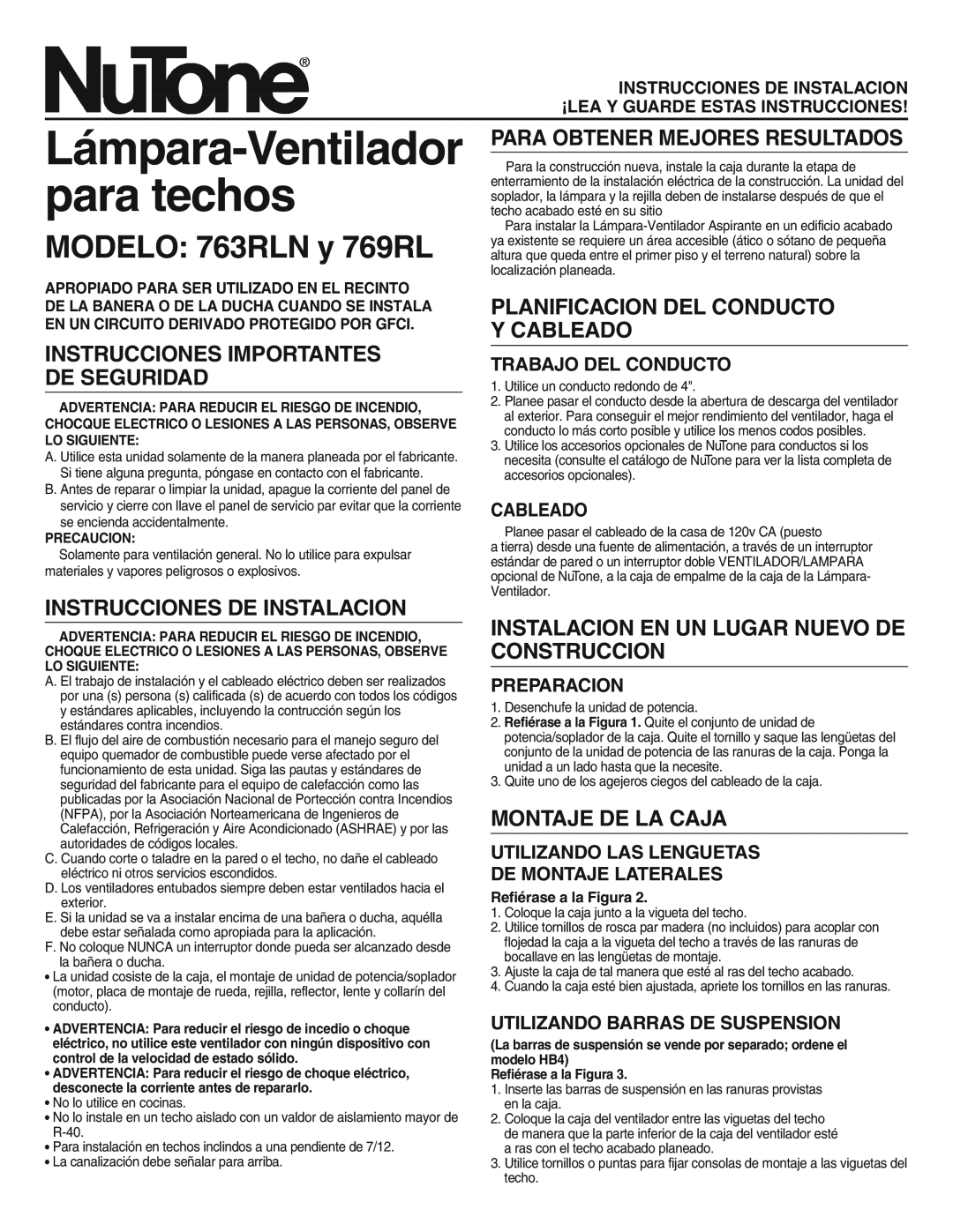 NuTone MODELO 763RLN y 769RL, Instrucciones Importantes De Seguridad, Instrucciones De Instalacion, Montaje De La Caja 