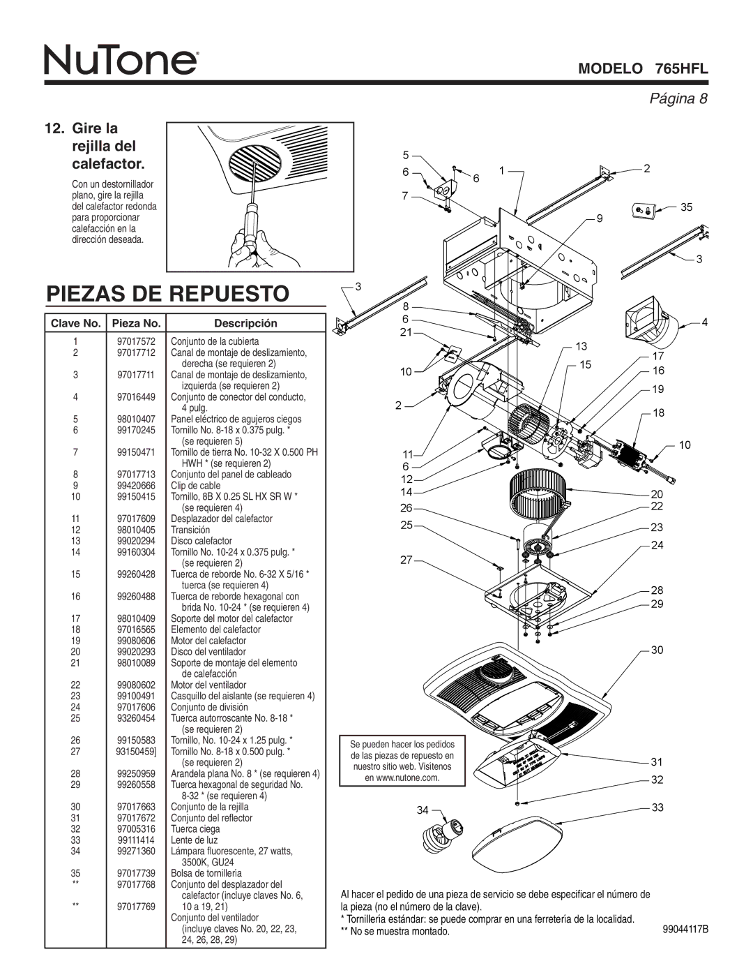 NuTone 765HFL warranty Piezas DE Repuesto, Gire la rejilla del calefactor, Clave No. Pieza No Descripción 