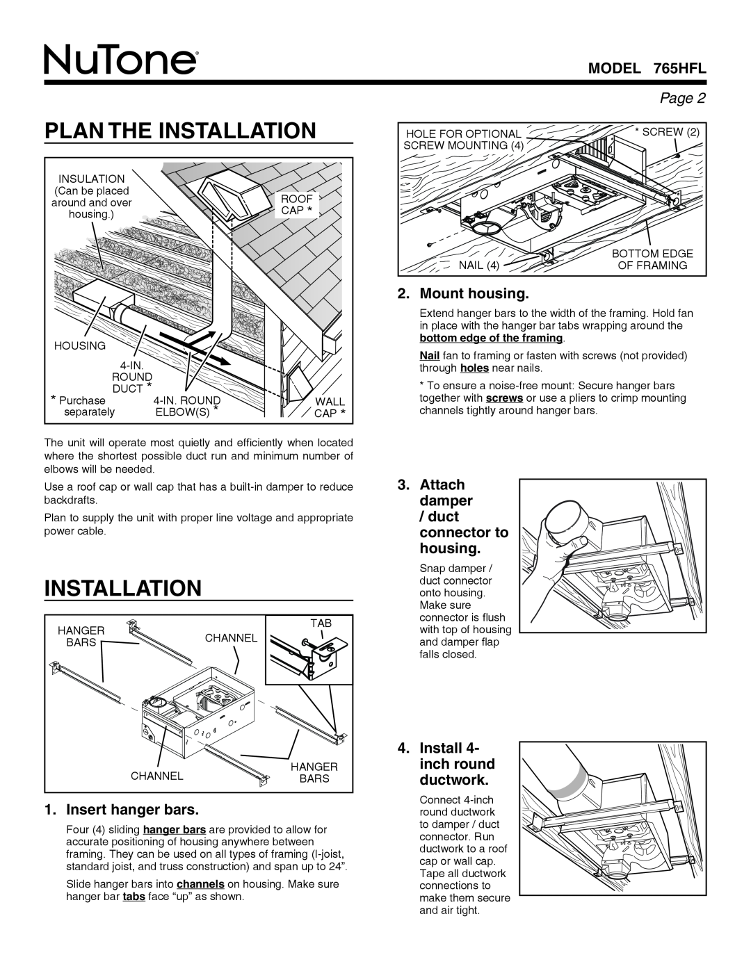 NuTone 765HFL Plan The Installation, Model, Page, Mount housing, Insert hanger bars, Install 4- inch round ductwork 
