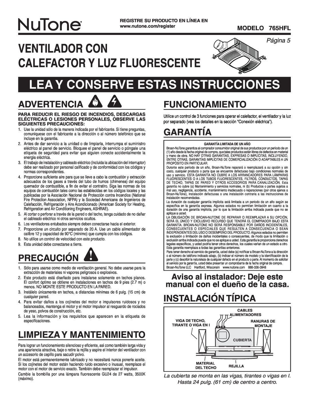 NuTone 765HFL Ventilador Con Calefactor Y Luz Fluorescente, Lea Y Conserve Estas Instrucciones, Advertencia, Precaución 