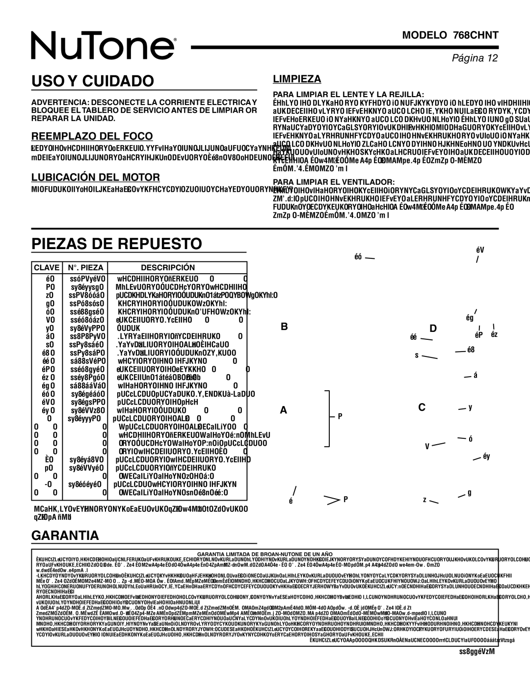 NuTone 768CHNT warranty USO Y Cuidado, Piezas DE Repuesto, Reemplazo DEL Foco, Lubicación DEL Motor, Limpieza 