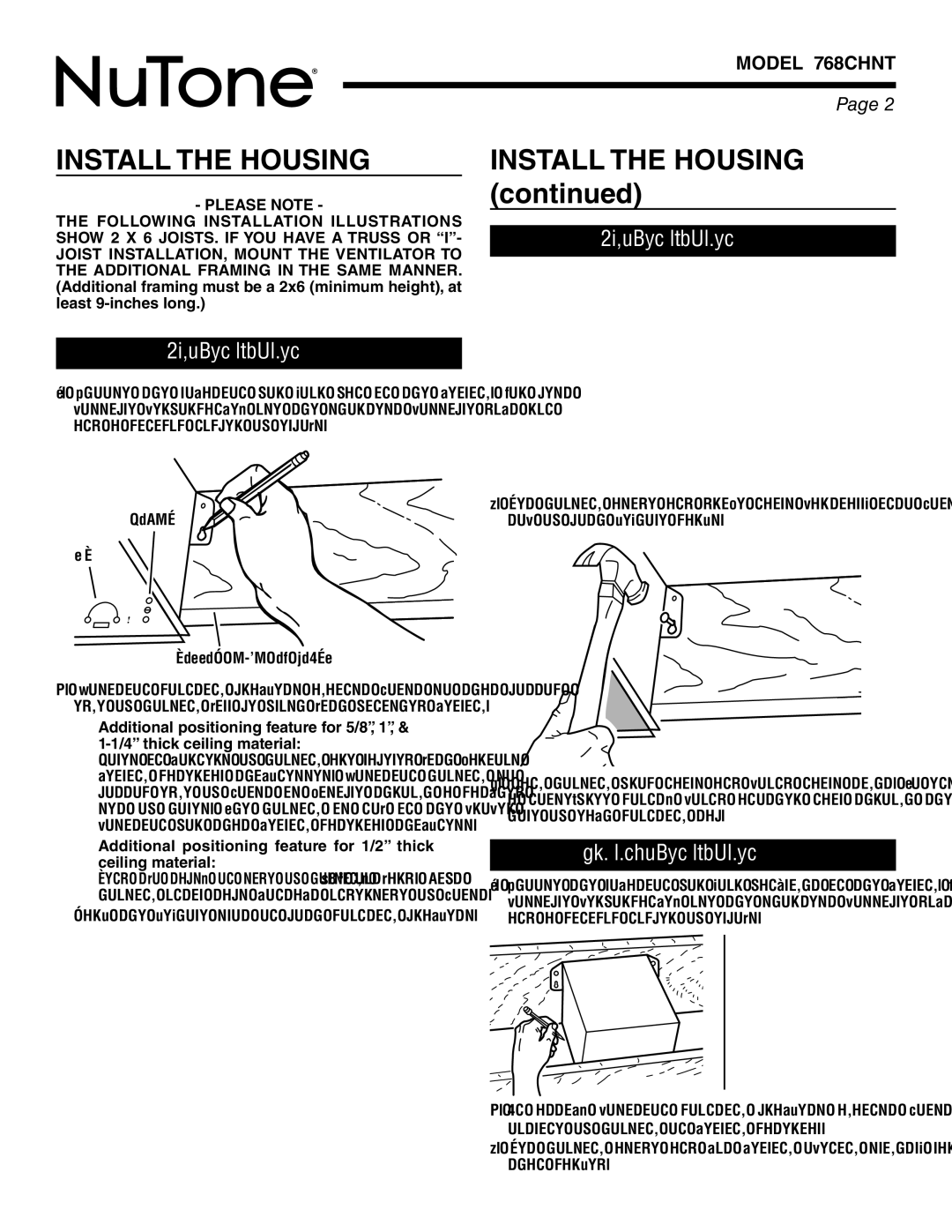 NuTone 768CHNT warranty Install the Housing, New Construction, Existing Construction, Please Note 