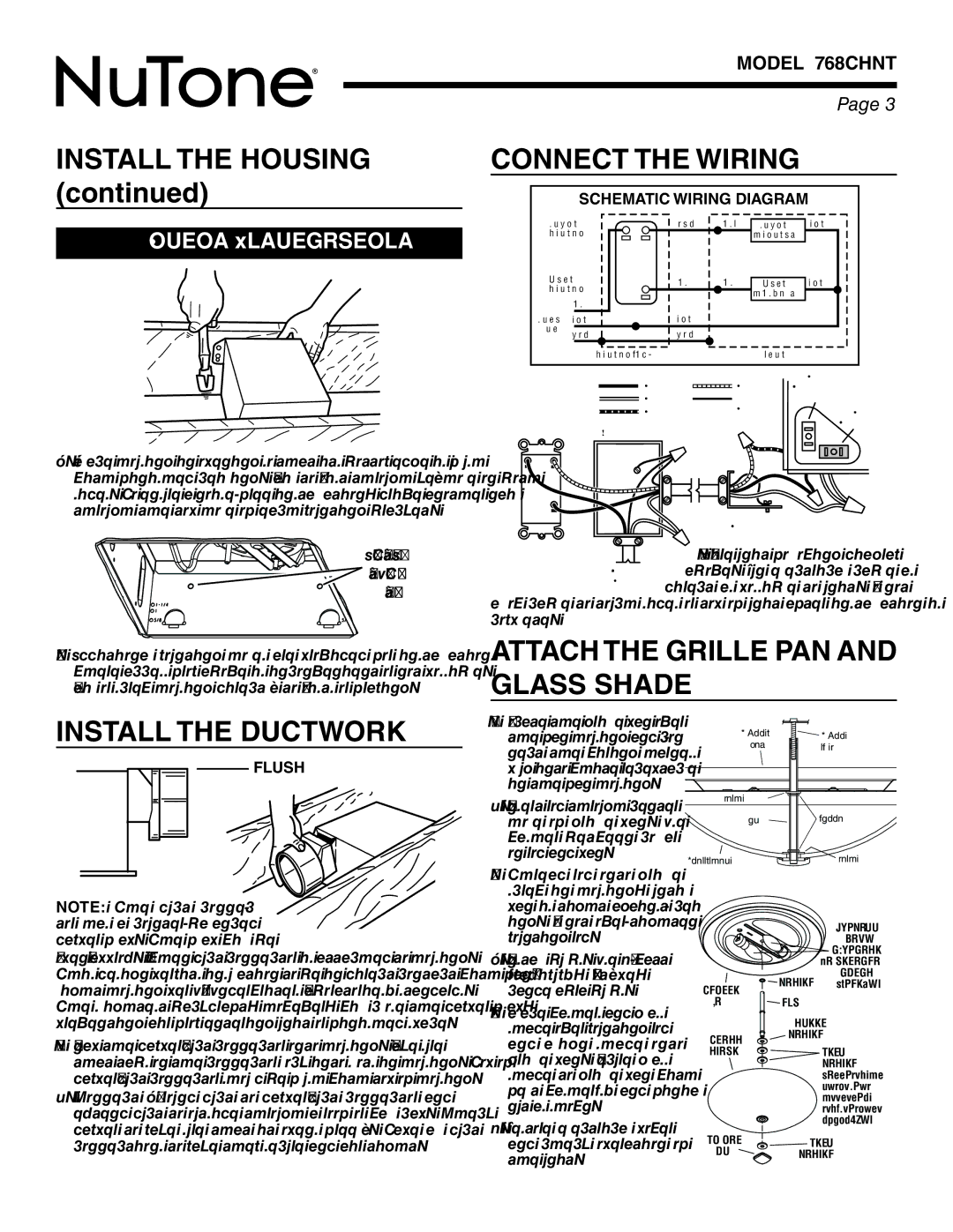 NuTone 768CHNT Connect the Wiring, Attach the Grille PAN and Glass Shade Install the Ductwork, Schematic Wiring Diagram 