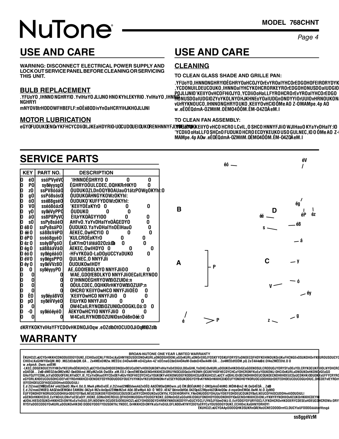 NuTone 768CHNT warranty USE and Care, Service Parts, Warranty 