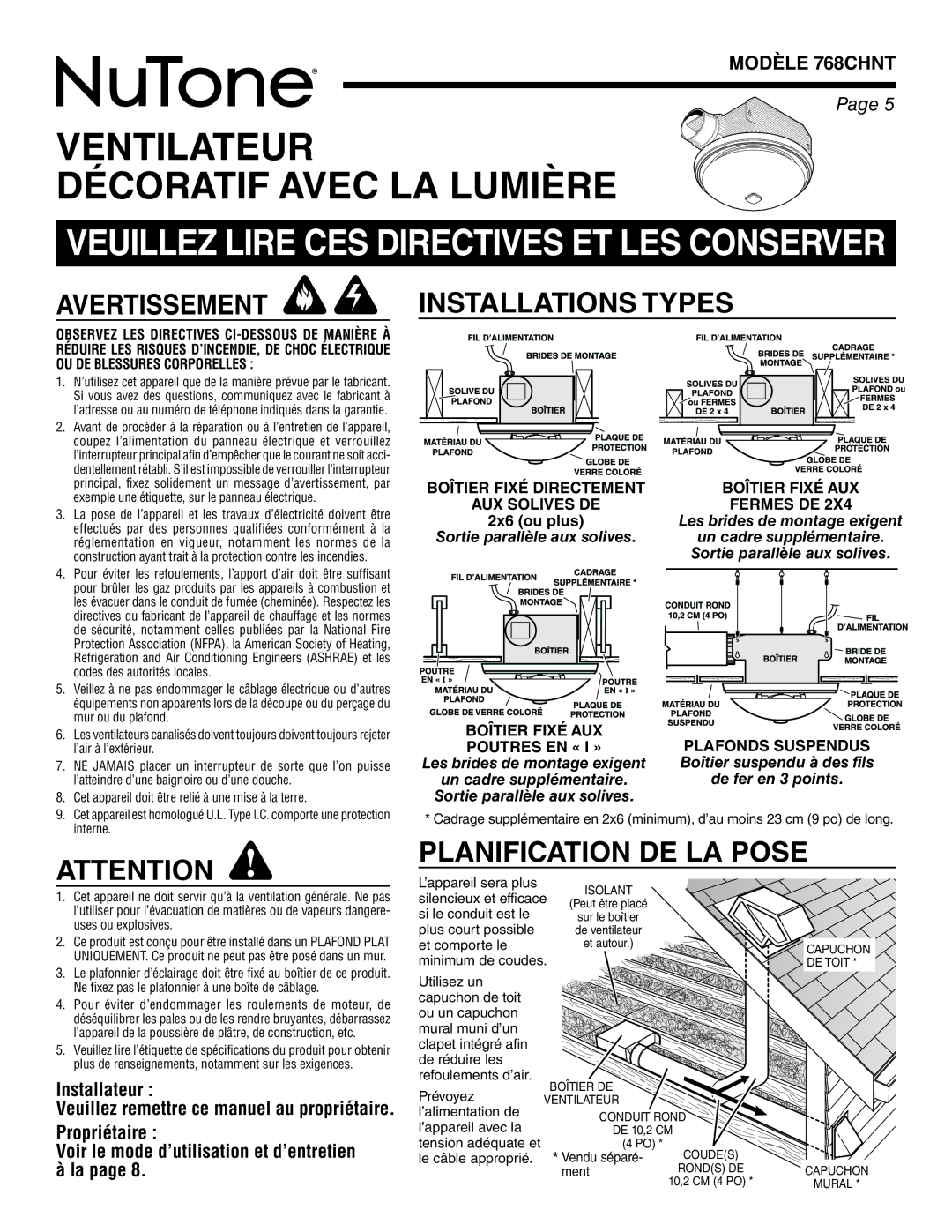 NuTone warranty Avertissement Installations Types, Planification DE LA Pose, Modèle 768CHNT 