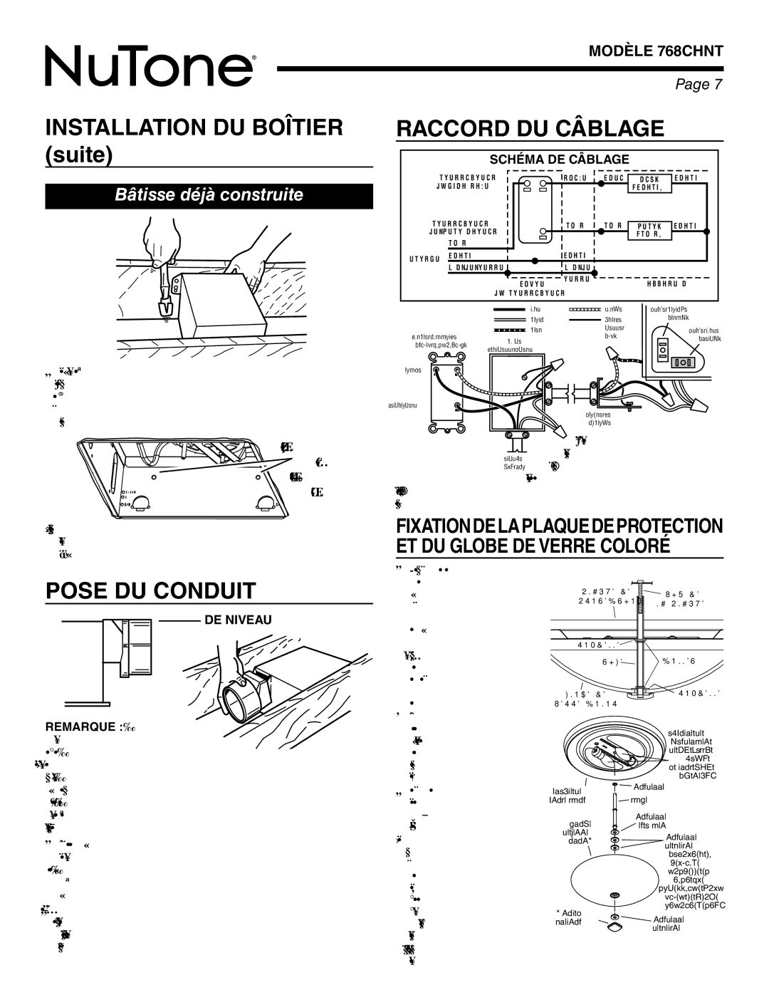 NuTone 768CHNT Raccord DU Câblage, Pose DU Conduit, Schéma DE Câblage, Trous DE Fixa Tion Supplémen Taires, DE Niveau 