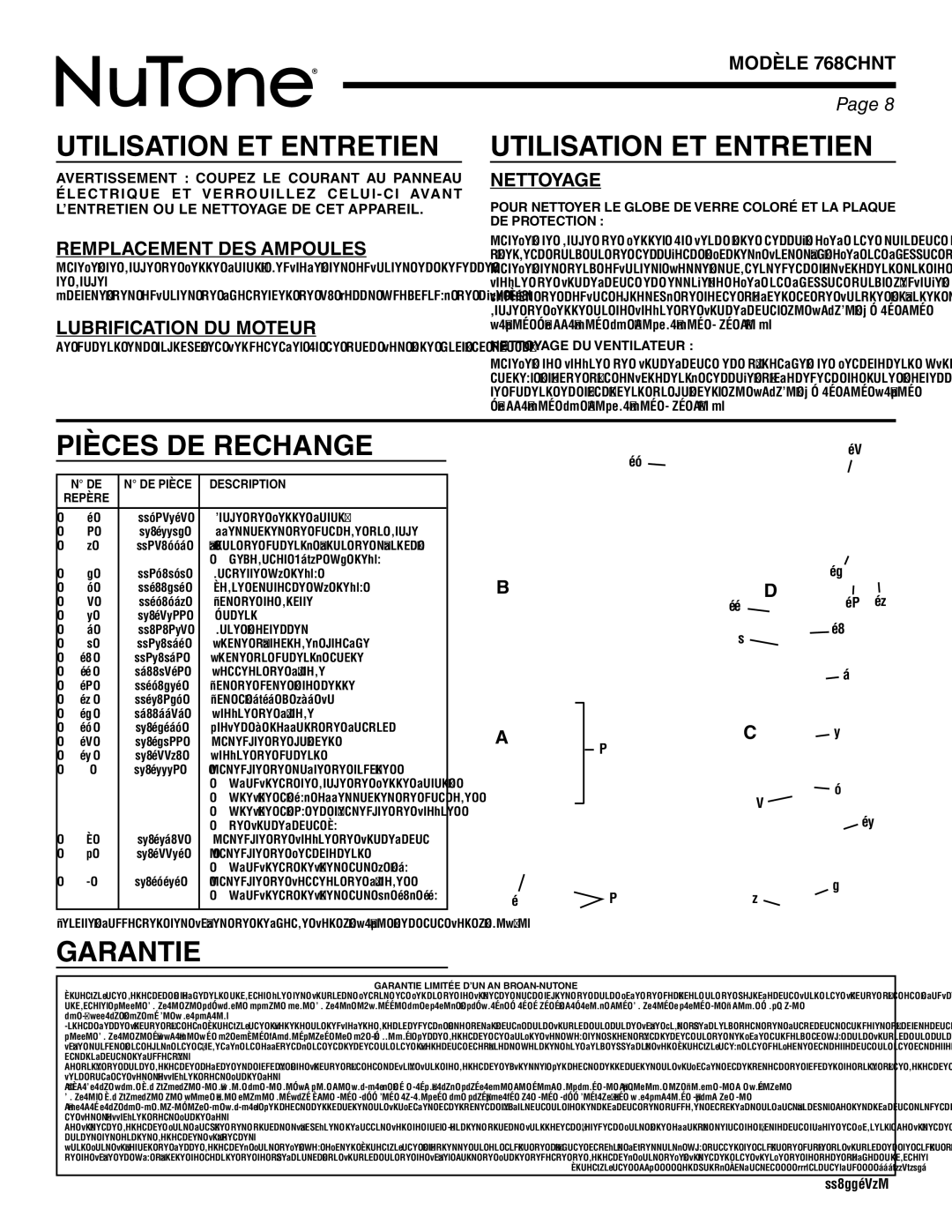 NuTone 768CHNT warranty Utilisation ET Entretien, Pièces DE Rechange, Garantie 