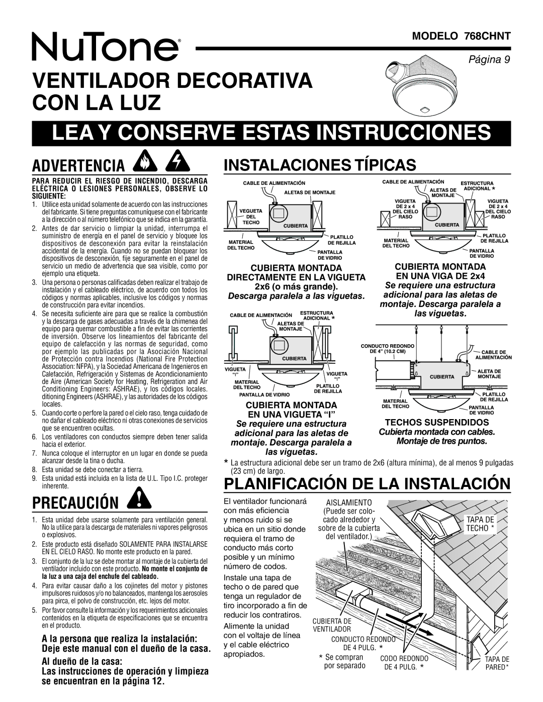 NuTone warranty Advertencia, Instalaciones Típicas, Planificación DE LA Instalación Precaución, Modelo 768CHNT 