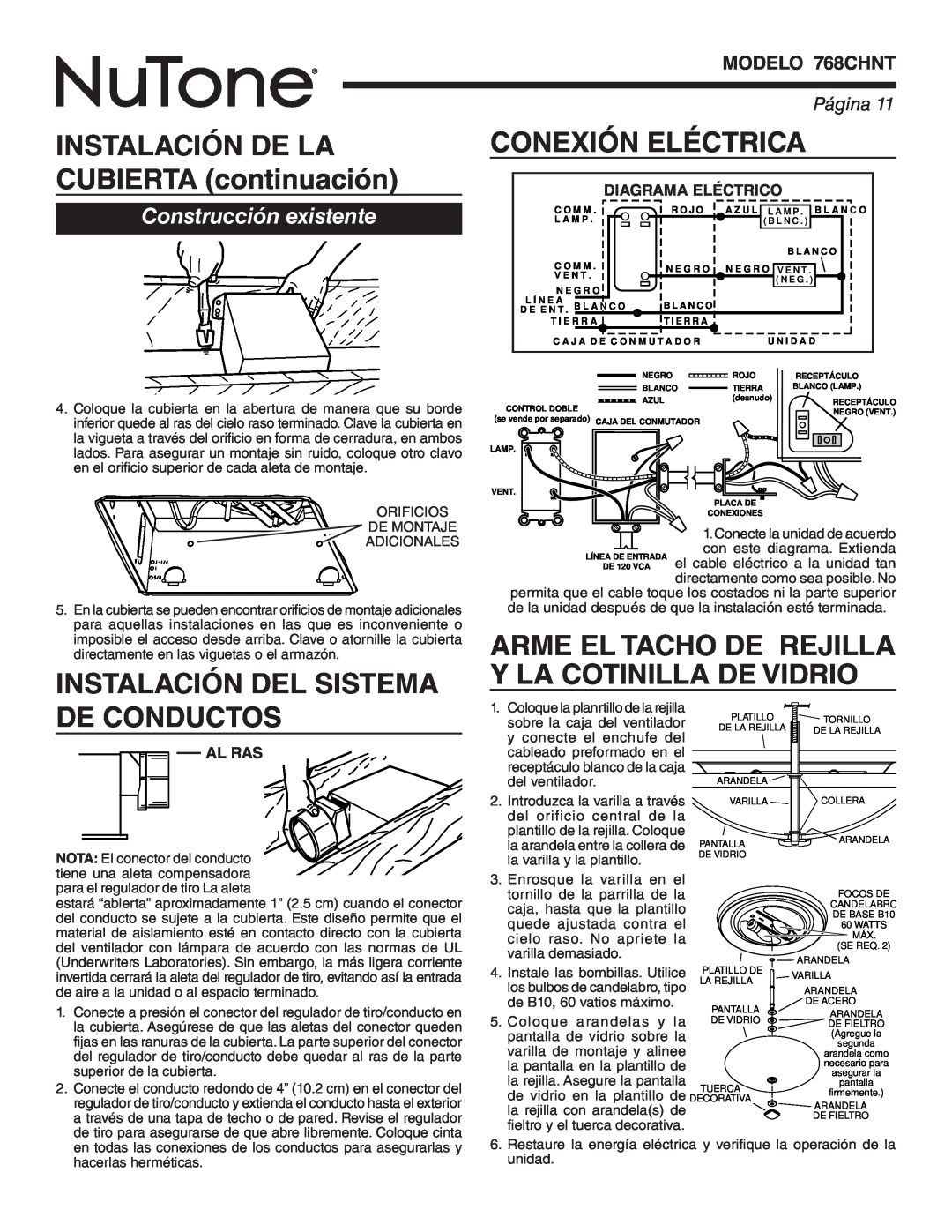 NuTone 768CHNT Instalación Del Sistema De Conductos, Conexión Eléctrica, Arme El Tacho De Rejilla Y La Cotinilla De Vidrio 
