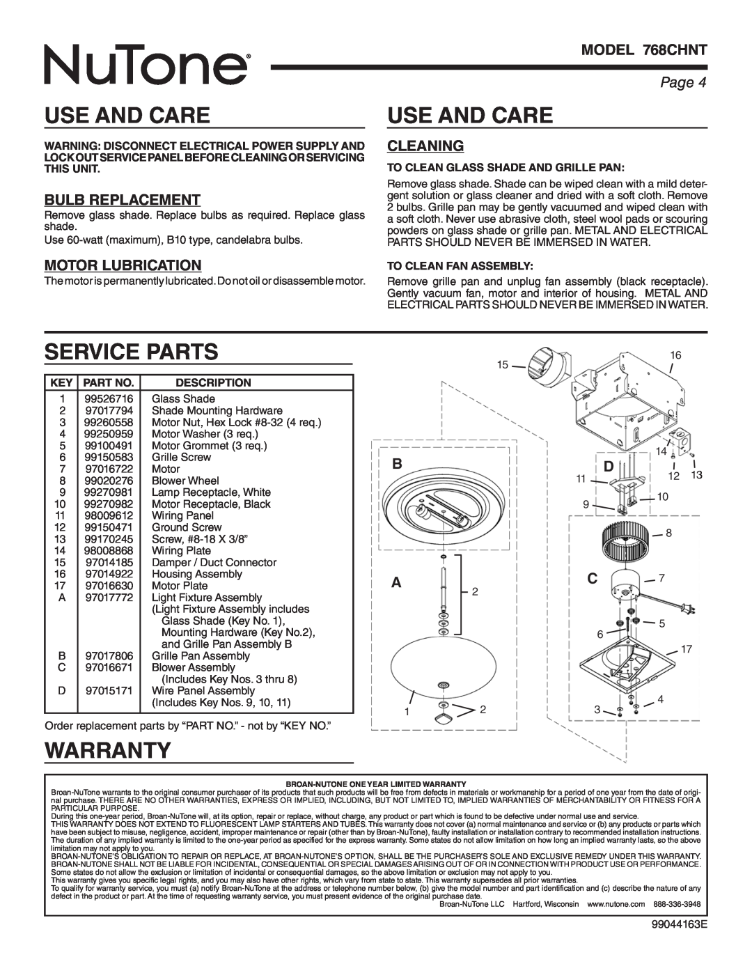 NuTone Use And Care, Service Parts, Warranty, Bulb Replacement, Motor Lubrication, Cleaning, MODEL 768CHNT, Page 