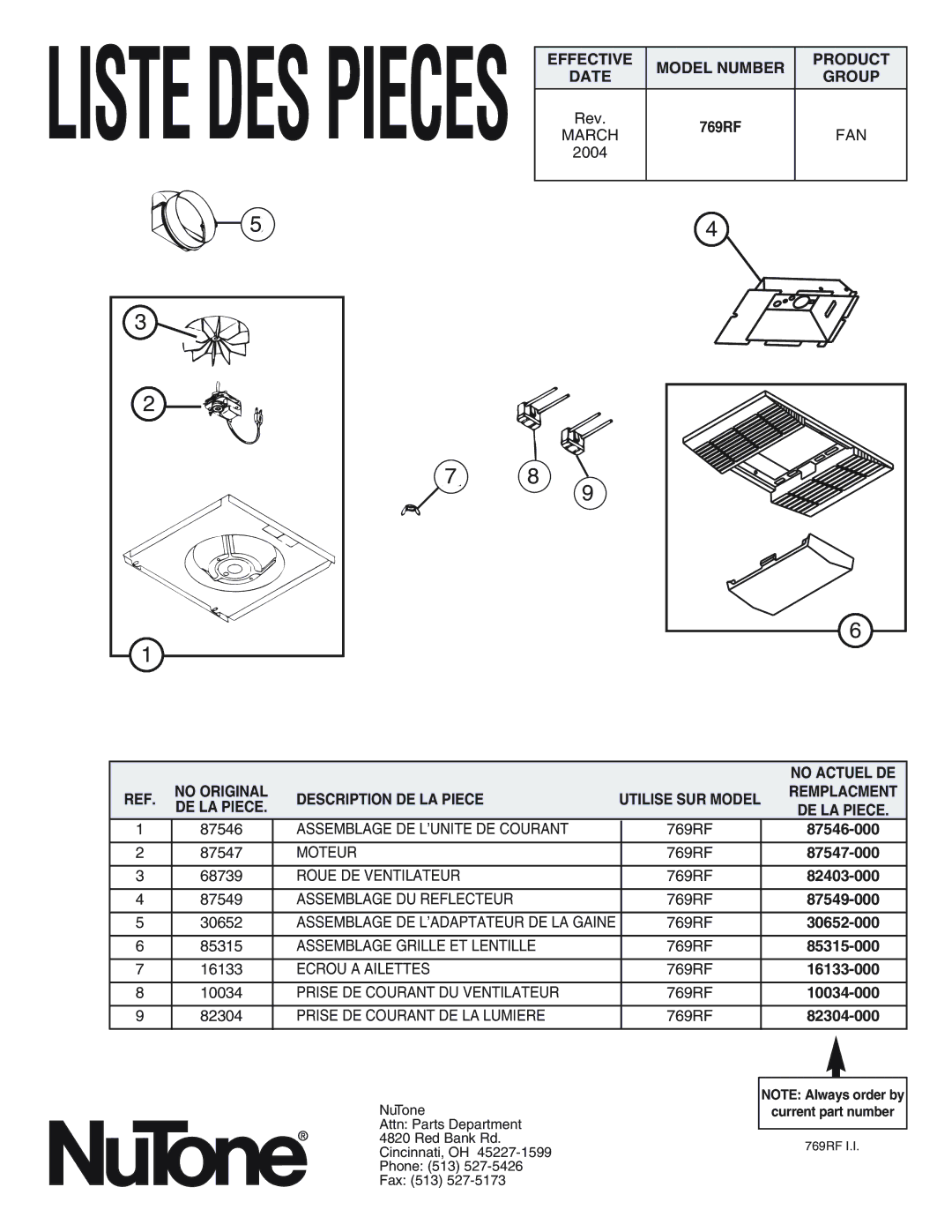 NuTone 769RF installation instructions Product, No Actuel DE, Description DE LA Piece Utilise SUR Model 