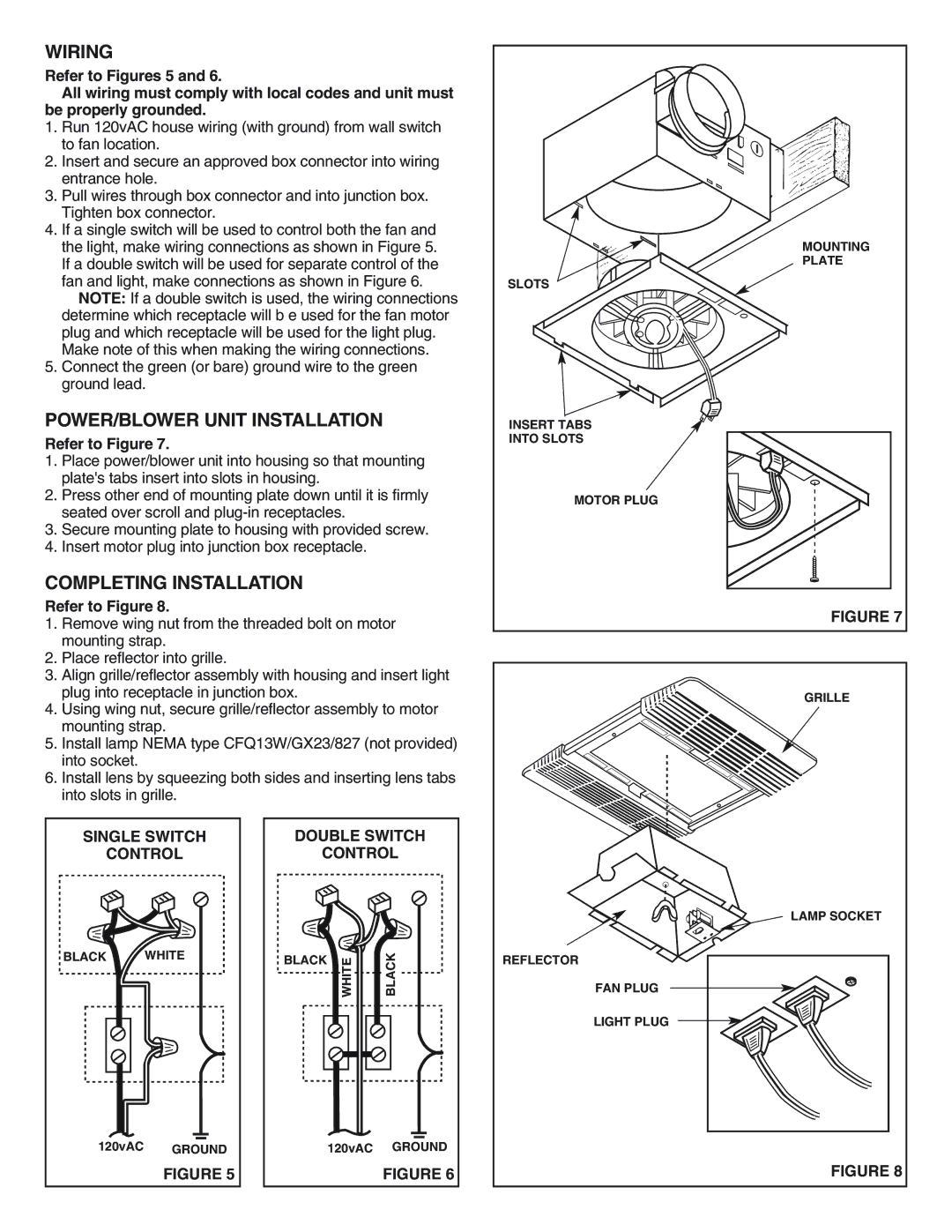 NuTone 769RF POWER/BLOWER Unit Installation, Completing Installation, Single Switch, Control, Double Switch 