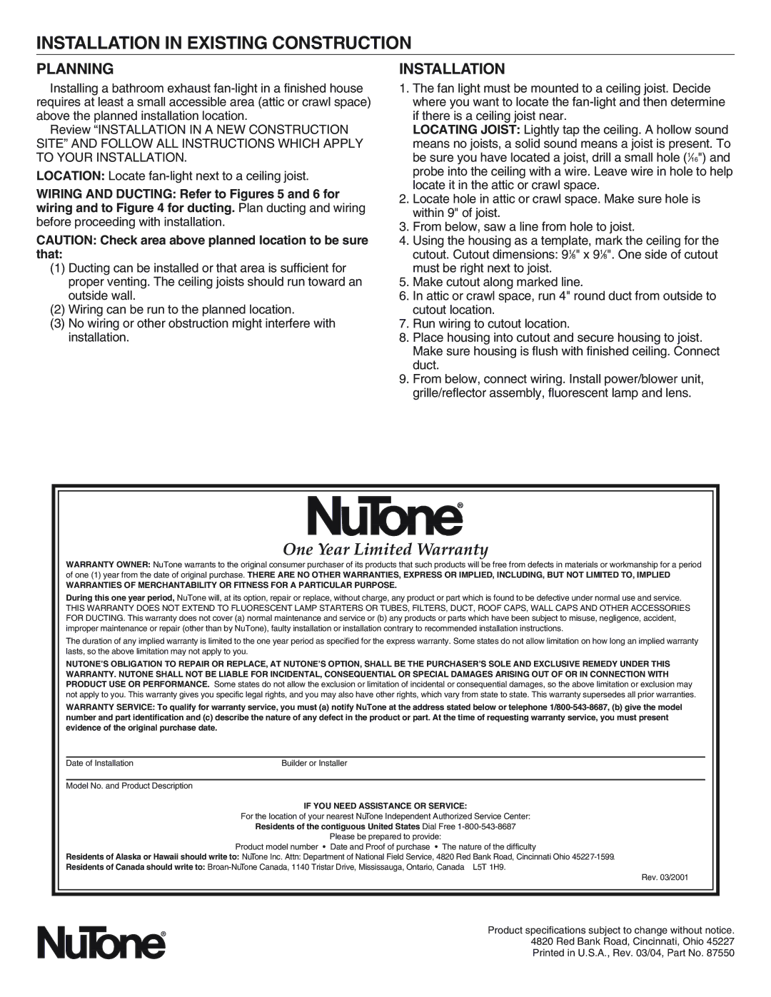 NuTone 769RF installation instructions Installation in Existing Construction, Planning 