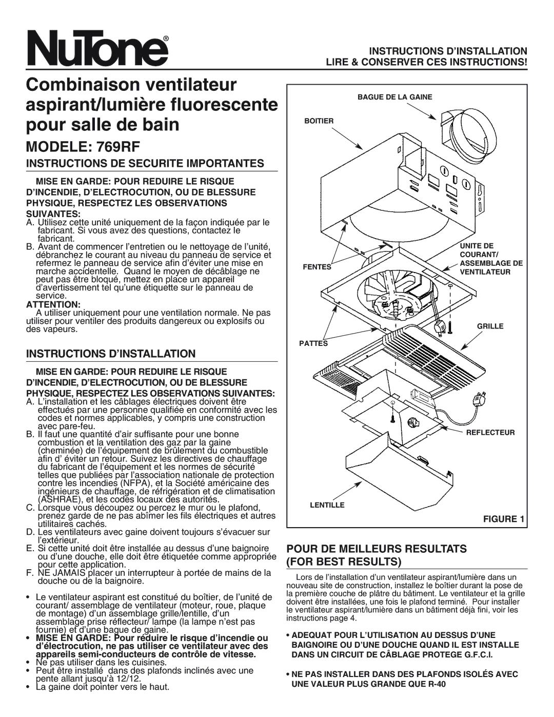 NuTone 769RF installation instructions Instructions DE Securite Importantes, Instructions D’INSTALLATION 