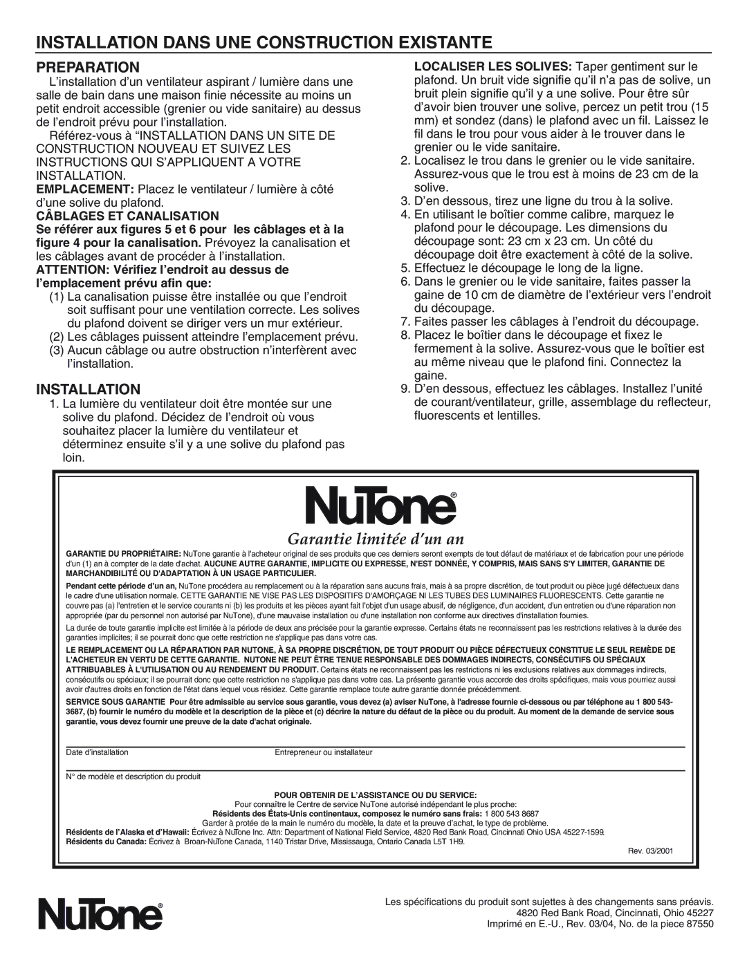 NuTone 769RF installation instructions Installation Dans UNE Construction Existante, Câblages ET Canalisation 