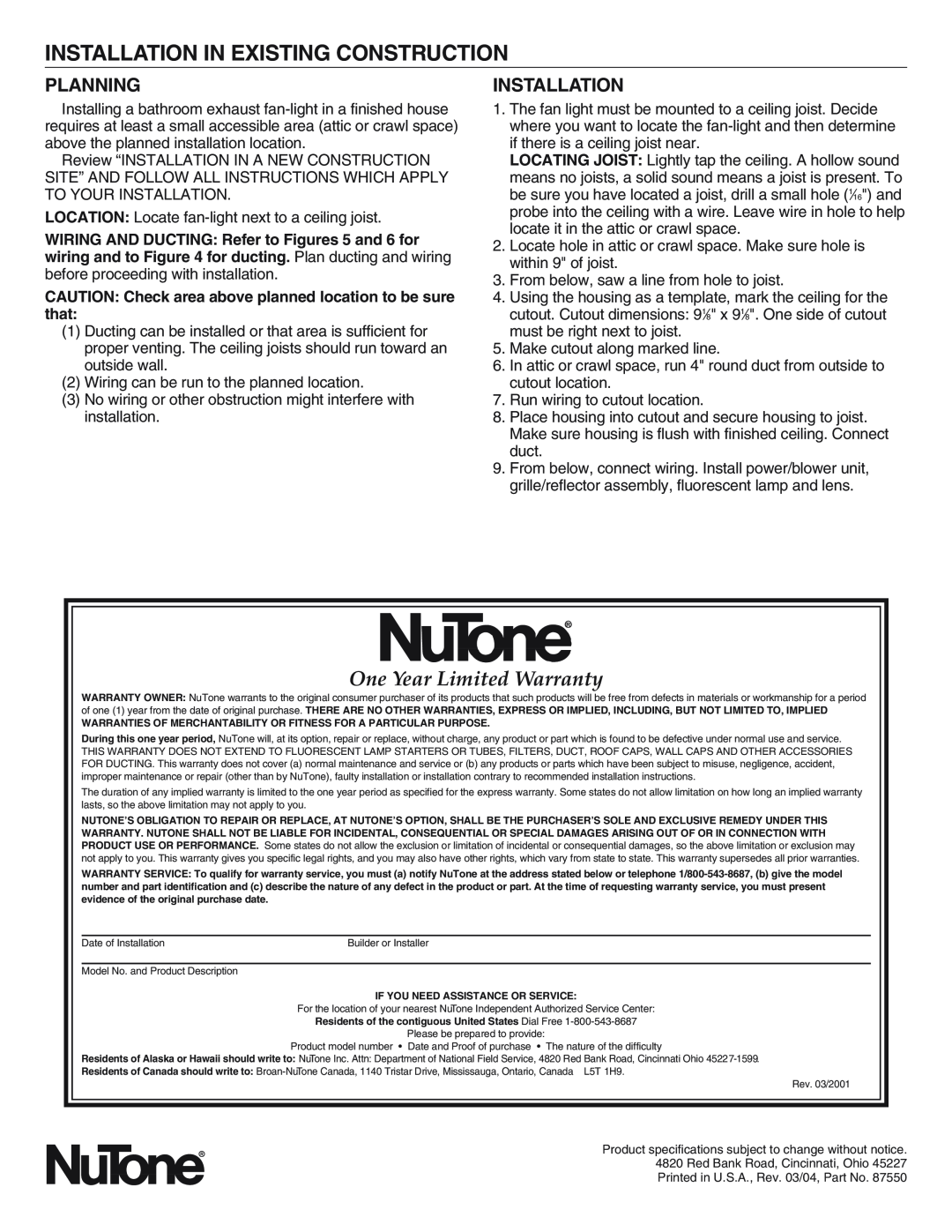 NuTone 769RF installation instructions Installation In Existing Construction, One Year Limited Warranty, Planning 