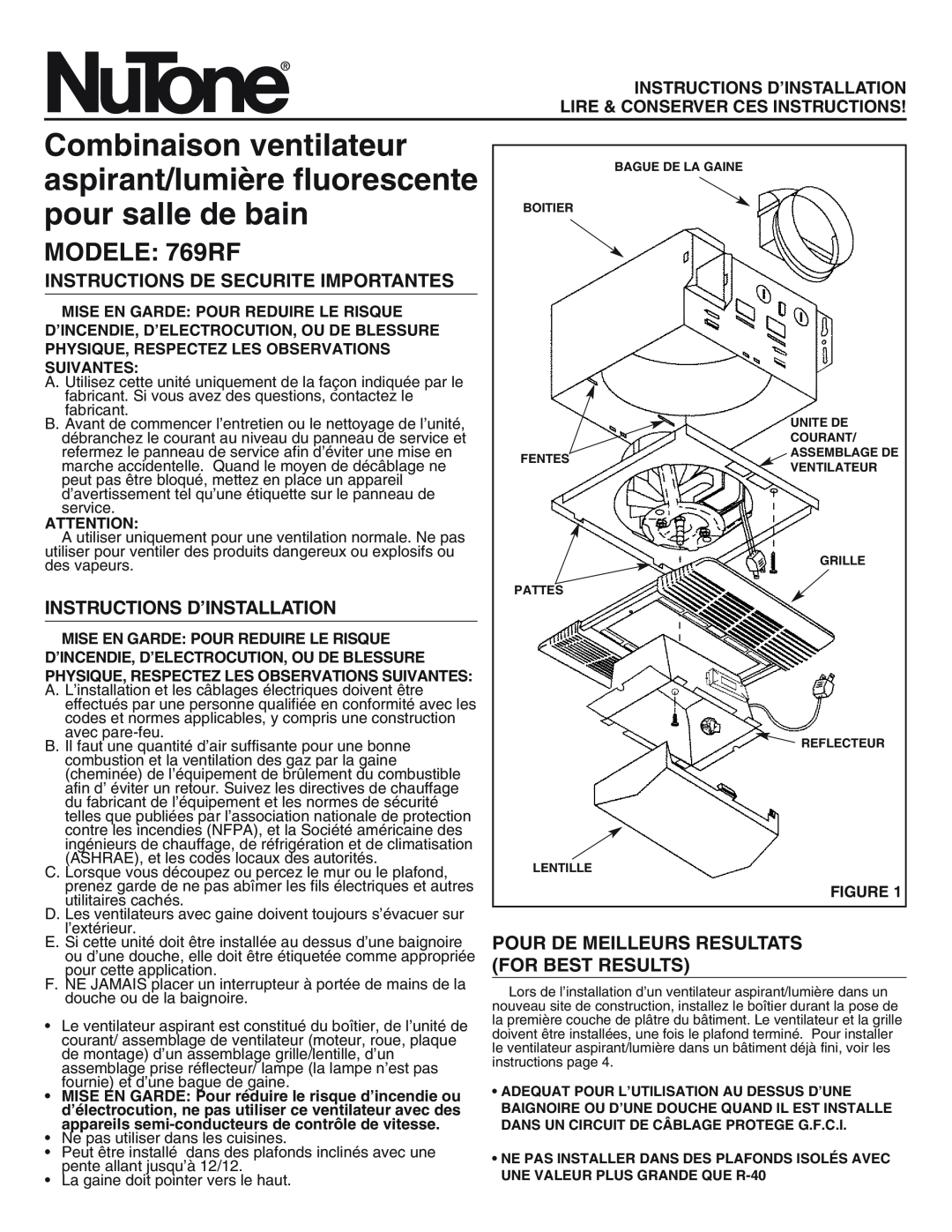 NuTone installation instructions MODELE 769RF, Instructions De Securite Importantes, Instructions D’Installation 