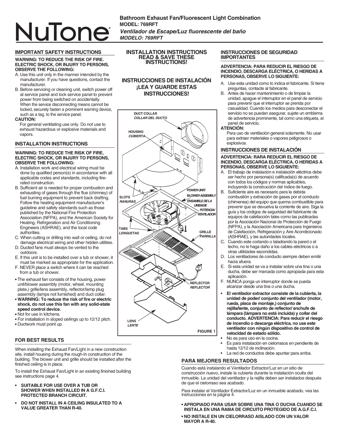 NuTone important safety instructions Model 769RFT, Importantes, Instrucciones DE Instalación, For Best Results 