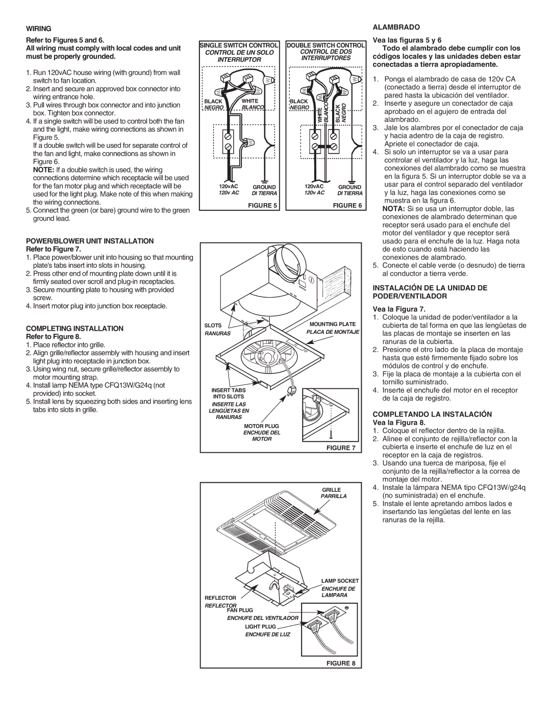 NuTone 769RFT Vea las figuras 5 y, POWER/BLOWER Unit Installation Refer to Figure, Completing Installation 