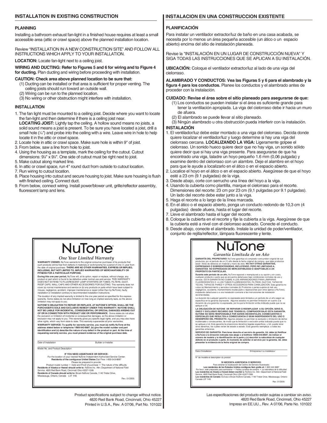 NuTone 769RFT Installation in Existing Construction, Instalacion EN UNA Construccion Existente 