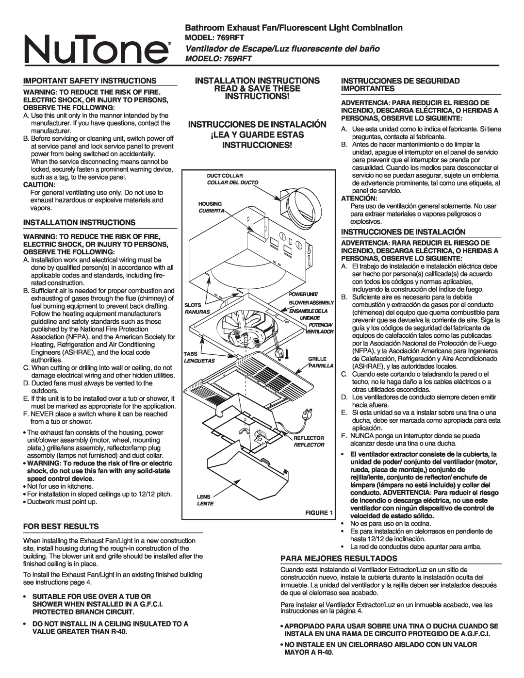 NuTone 769RFT important safety instructions Ventilador de Escape/Luz fluorescente del baño, Read & Save These 