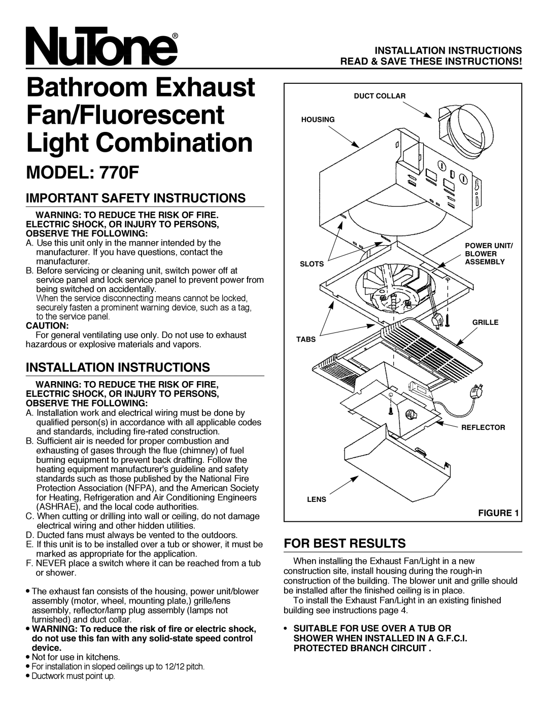 NuTone 770F installation instructions Important Safety Instructions, Installation Instructions, For Best Results 