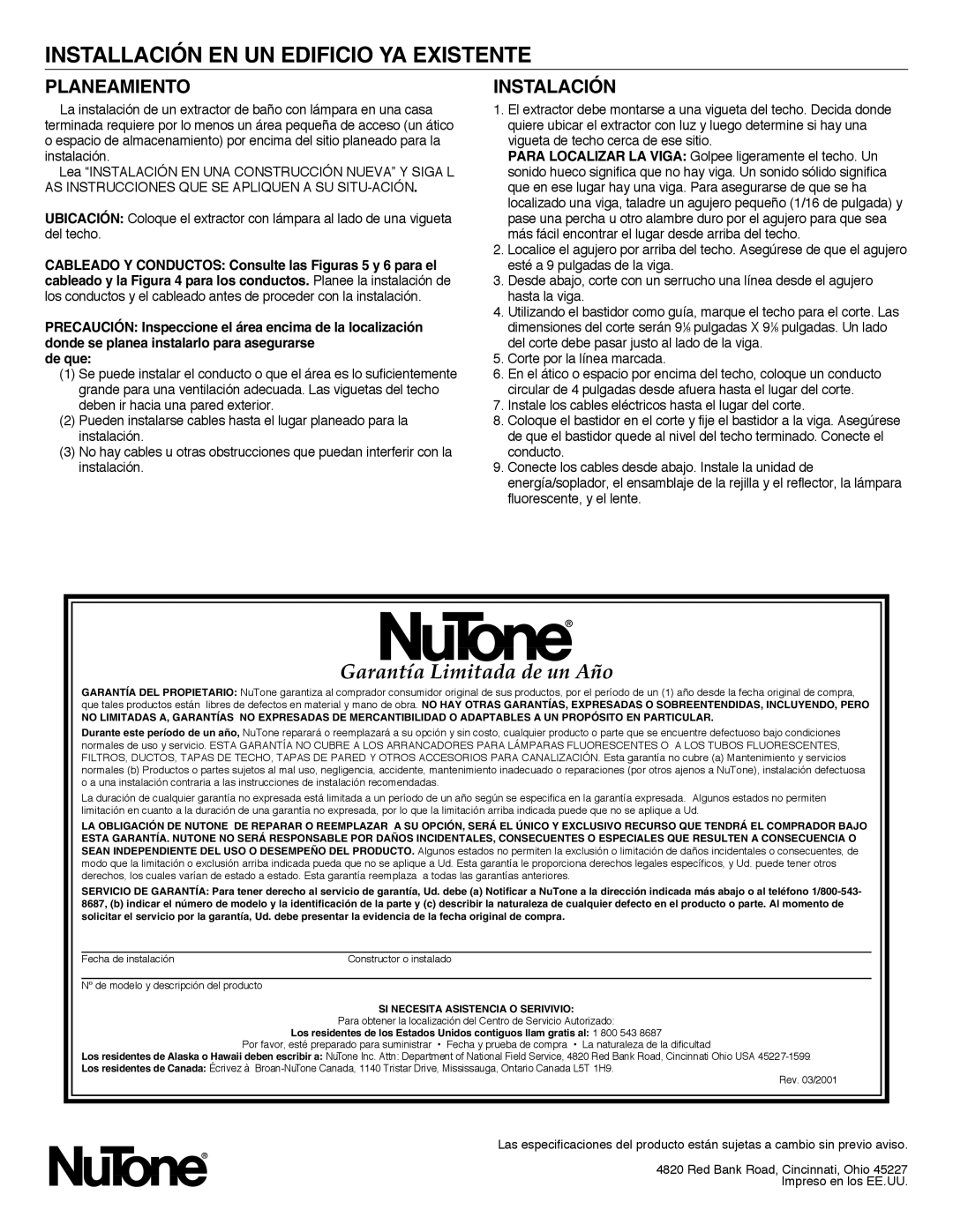 NuTone 770F installation instructions Installación EN UN Edificio YA Existente, Garantía Limitada de un Año, Planeamiento 