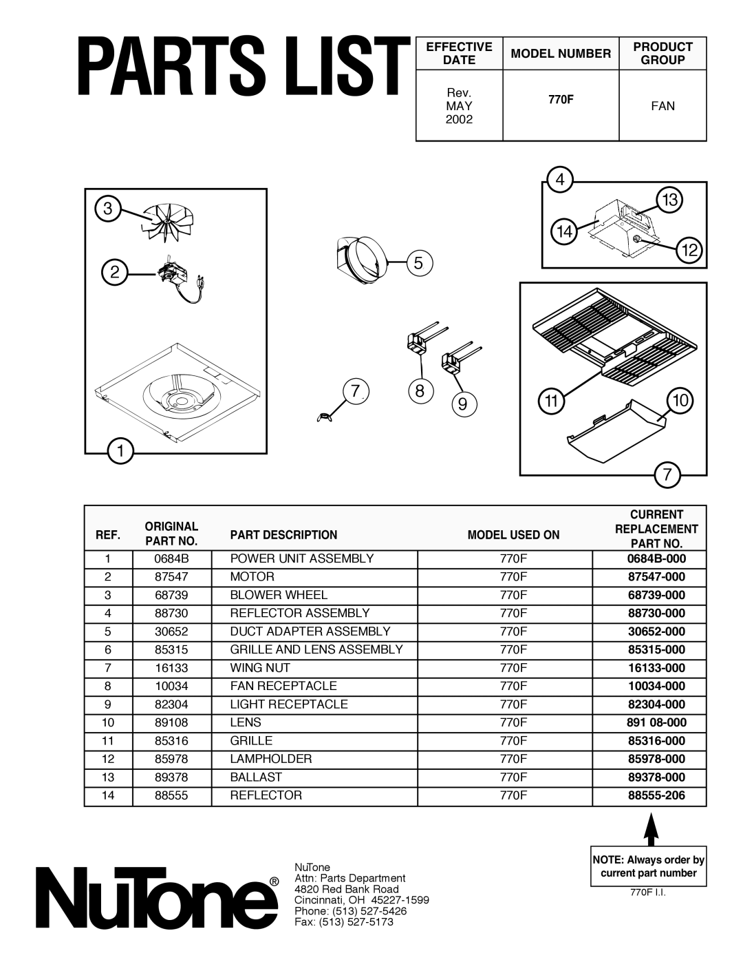 NuTone 770F installation instructions May, Fan, Date Group, Original, Part Description 