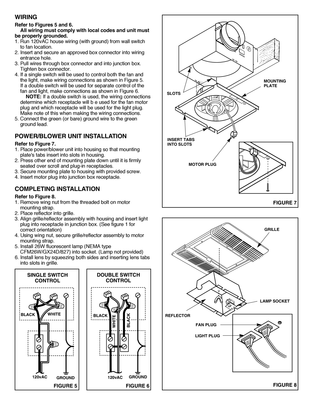 NuTone 770F POWER/BLOWER Unit Installation, Completing Installation, Single Switch, Control, Double Switch 