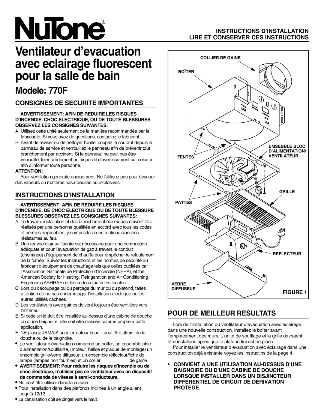 NuTone 770F Consignes DE Securite Importantes, Instructions D’INSTALLATION, Lampe lampes non fournies et un collier 