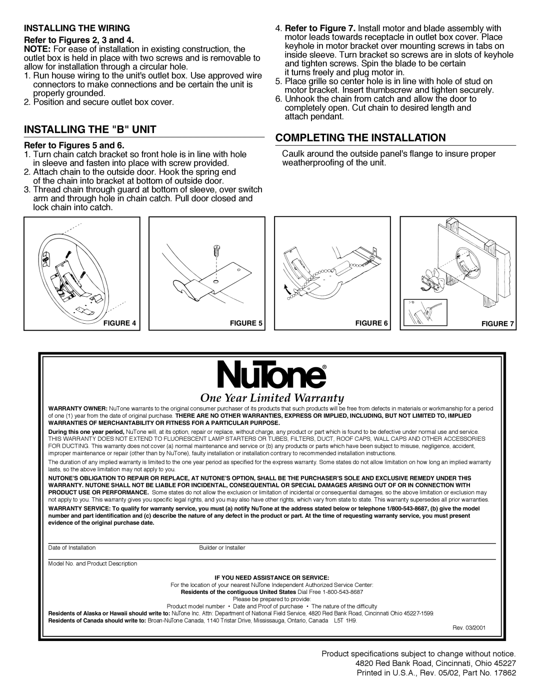 NuTone 8110, 8010 Installing the B Unit, Completing the Installation, Installing the Wiring, Refer to Figures 2, 3 