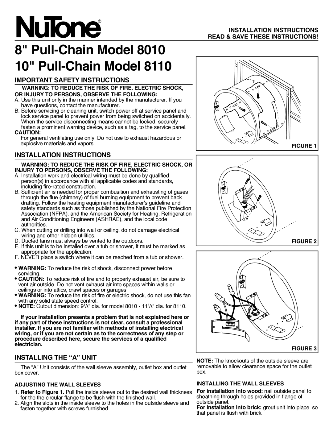 NuTone 8010, 8110 important safety instructions Important Safety Instructions, Installation Instructions 