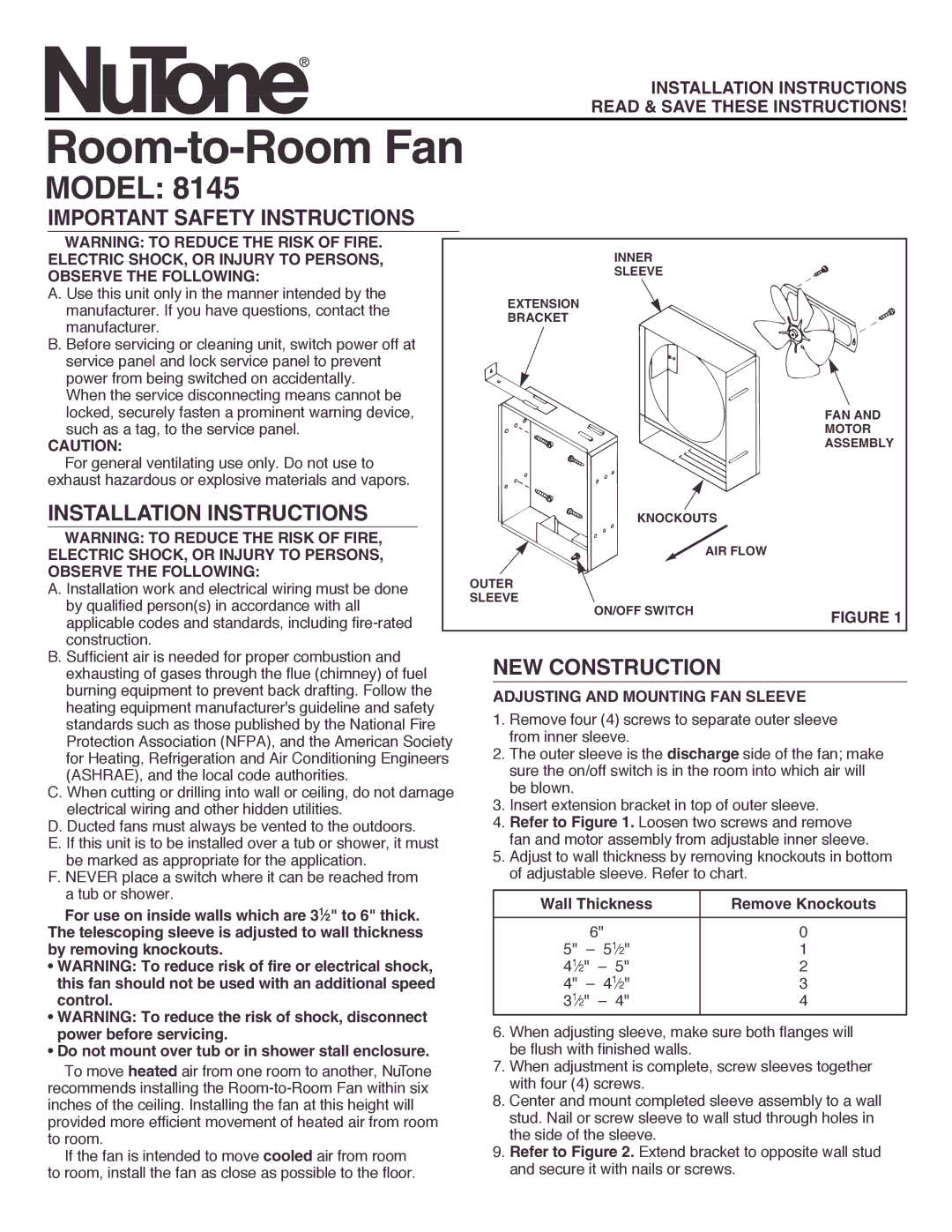 NuTone 8145 installation instructions Room-to-Room Fan, Model, Important Safety Instructions, Installation Instructions 