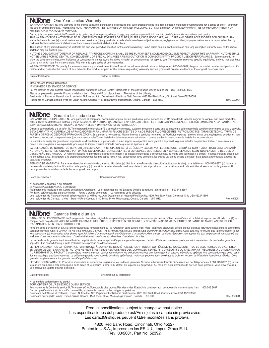 NuTone 8145 installation instructions One Year Limited Warranty 