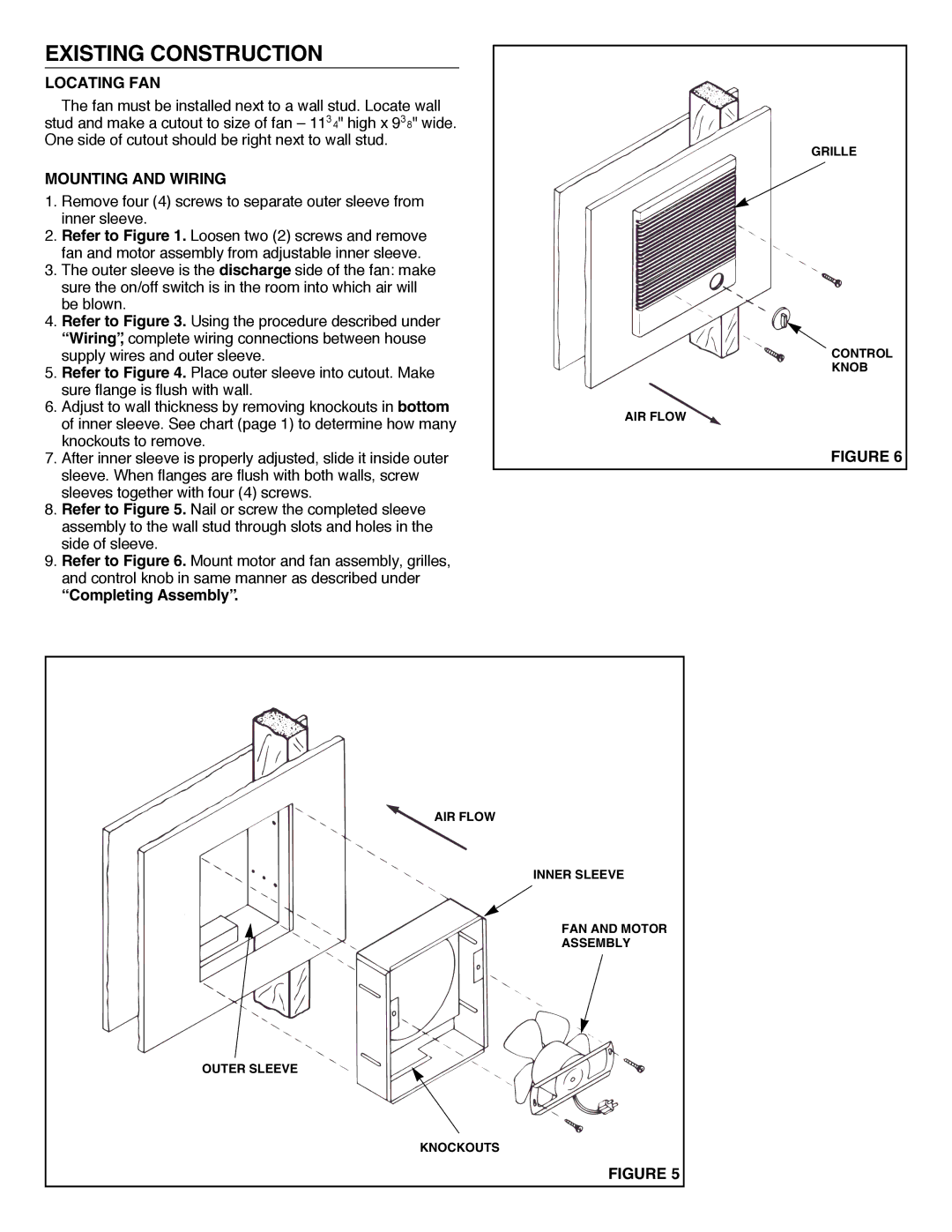 NuTone 8145 installation instructions Existing Construction, Locating FAN, Mounting and Wiring 