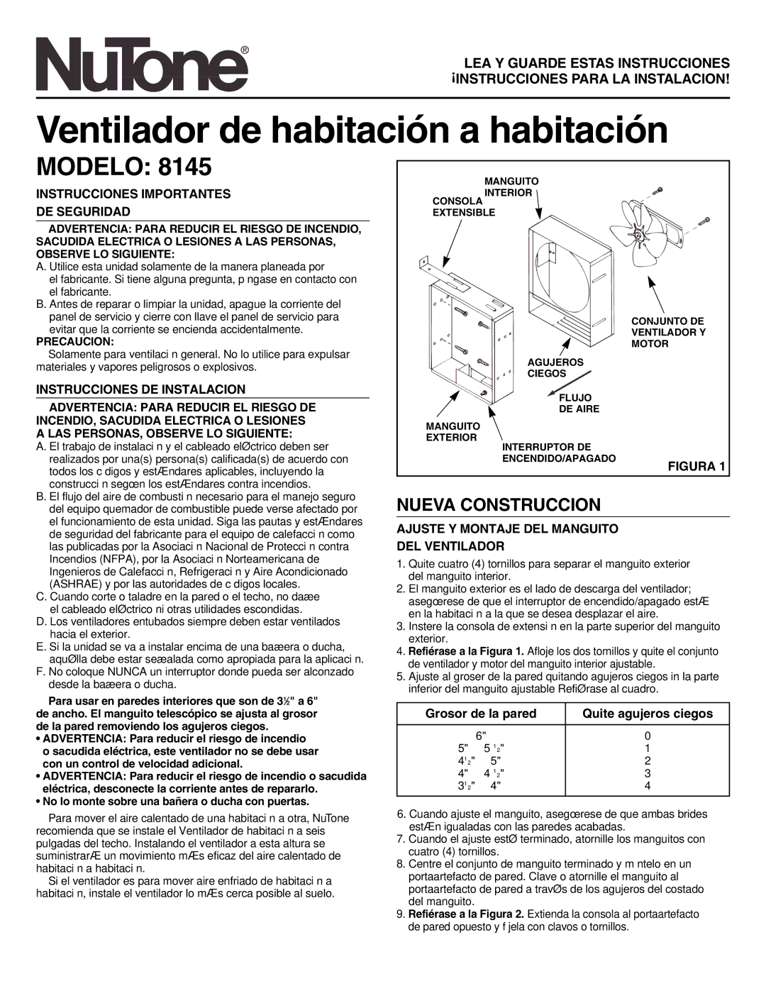 NuTone 8145 installation instructions Ventilador de habitación a habitación, Modelo, Nueva Construccion 