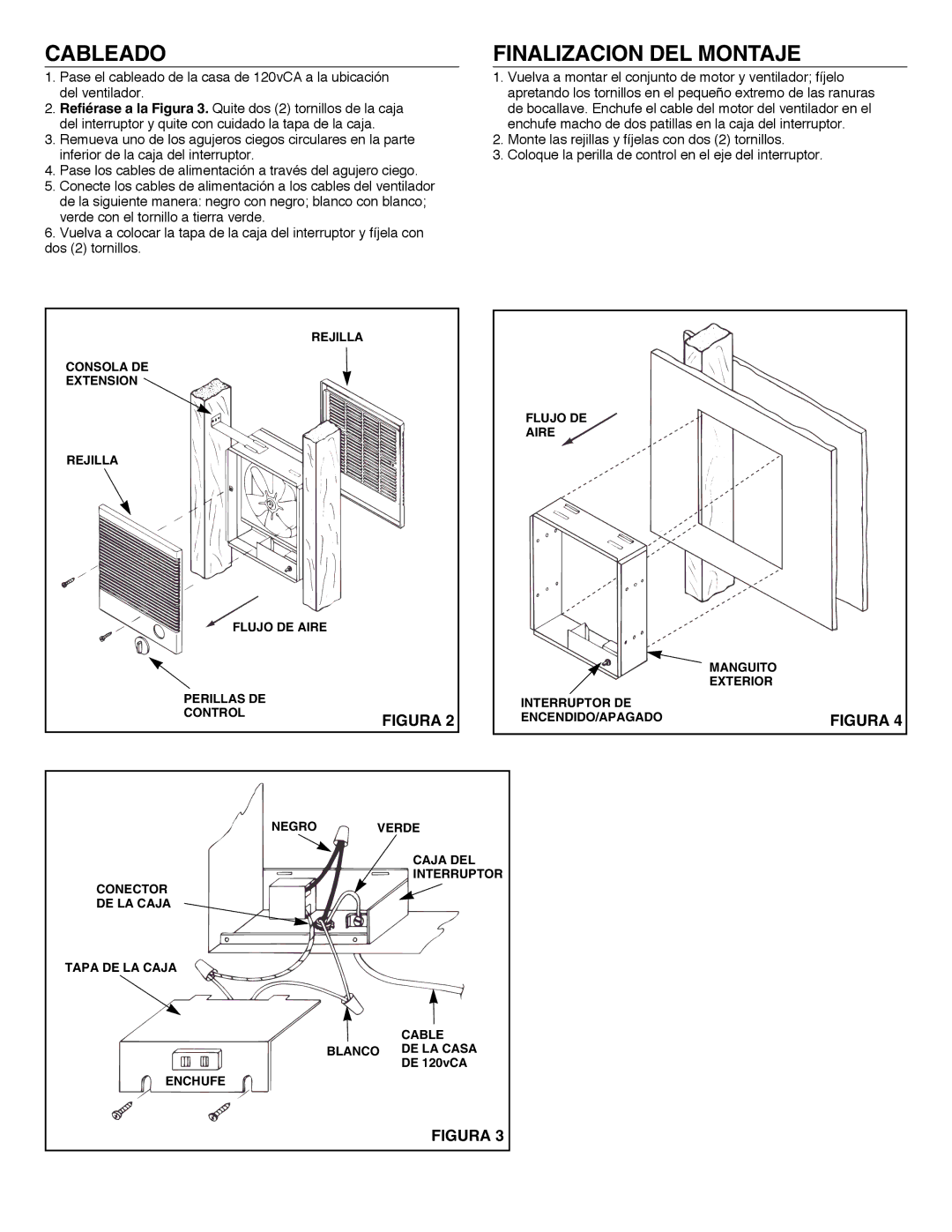 NuTone 8145 installation instructions Cableado, Finalizacion DEL Montaje 