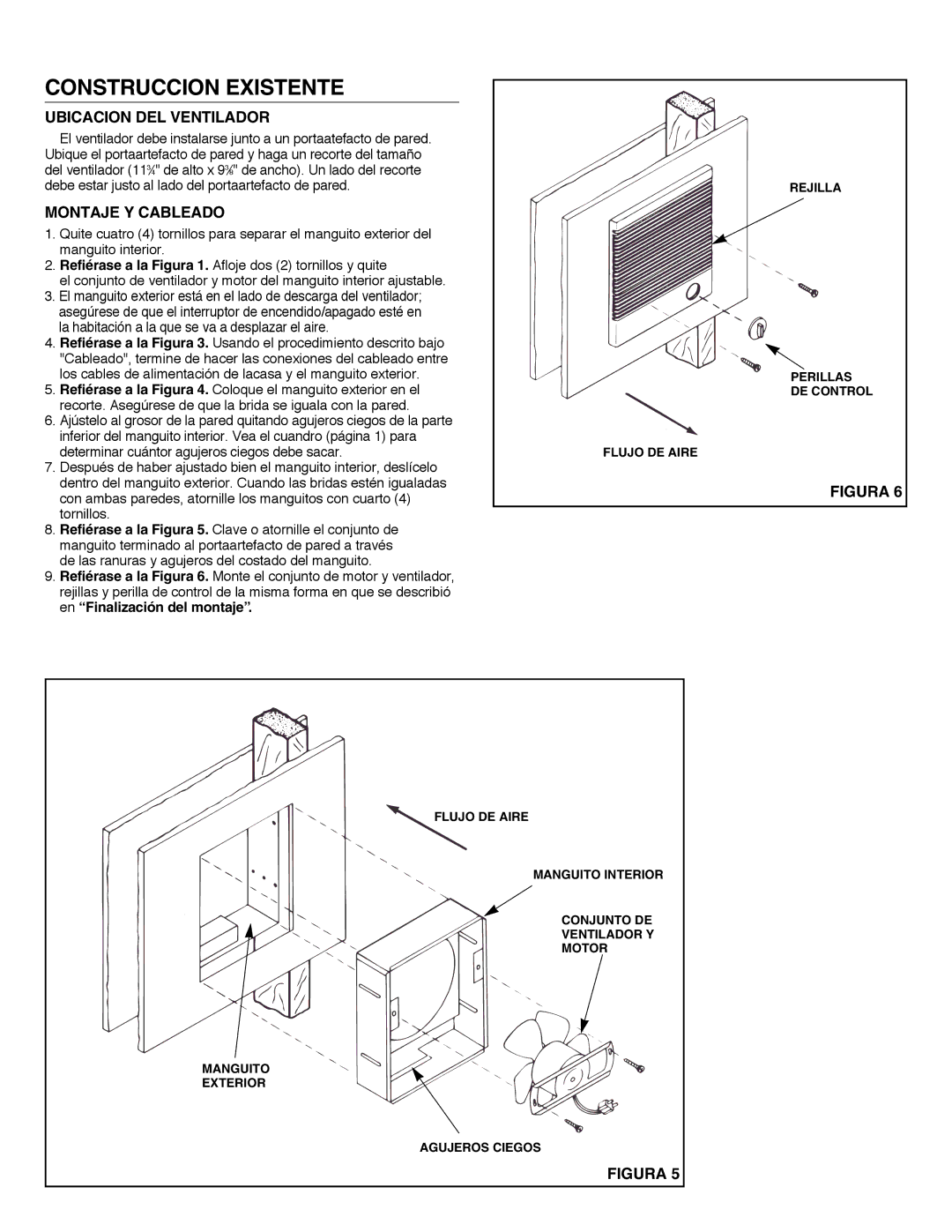 NuTone 8145 installation instructions Construccion Existente, Ubicacion DEL Ventilador, Montaje Y Cableado 