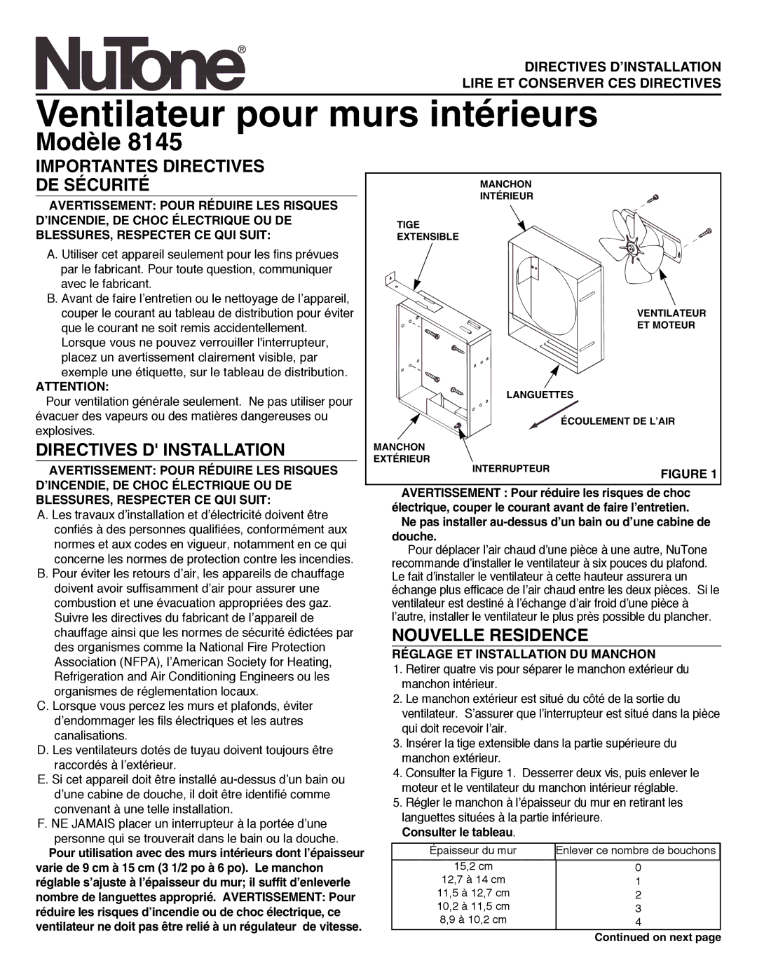 NuTone 8145 Ventilateur pour murs intérieurs, Modèle, Importantes Directives DE Sécurité, Directives D Installation 