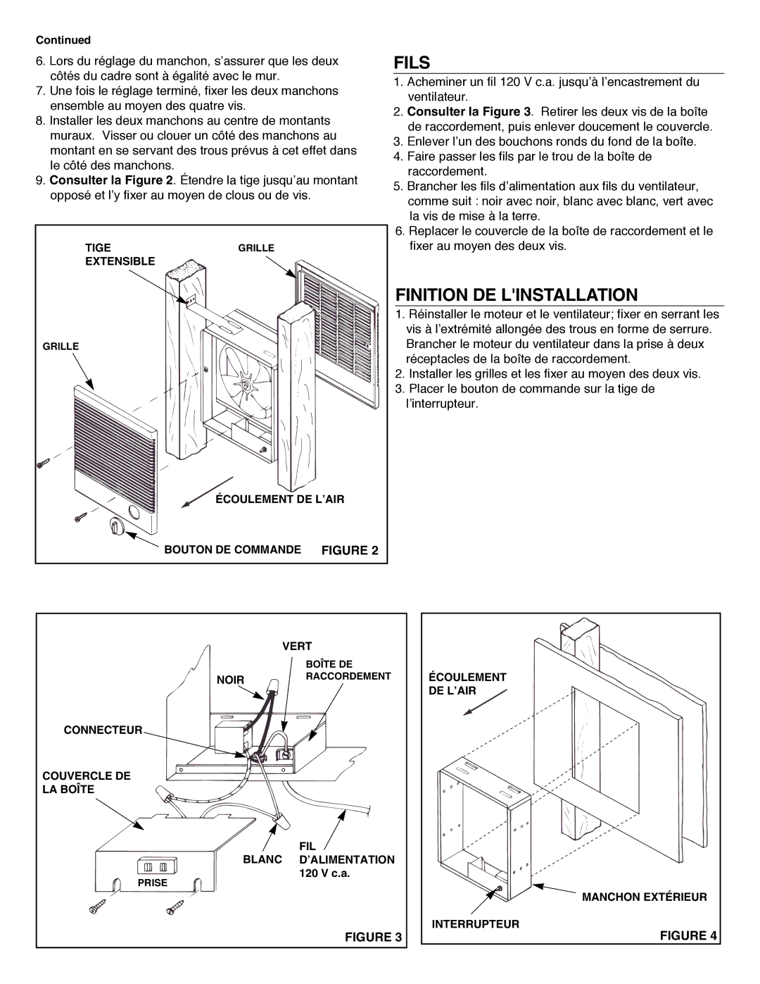 NuTone 8145 installation instructions Fils, Finition DE Linstallation 