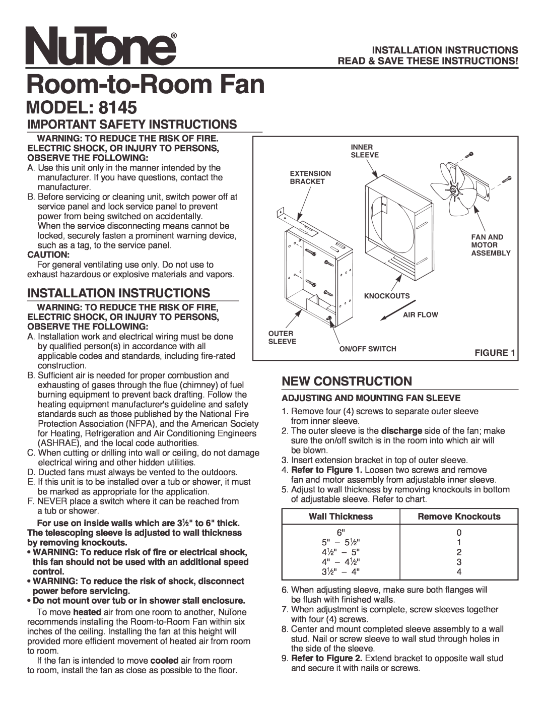 NuTone 8145 installation instructions Room-to-RoomFan, Model, Important Safety Instructions, Installation Instructions 
