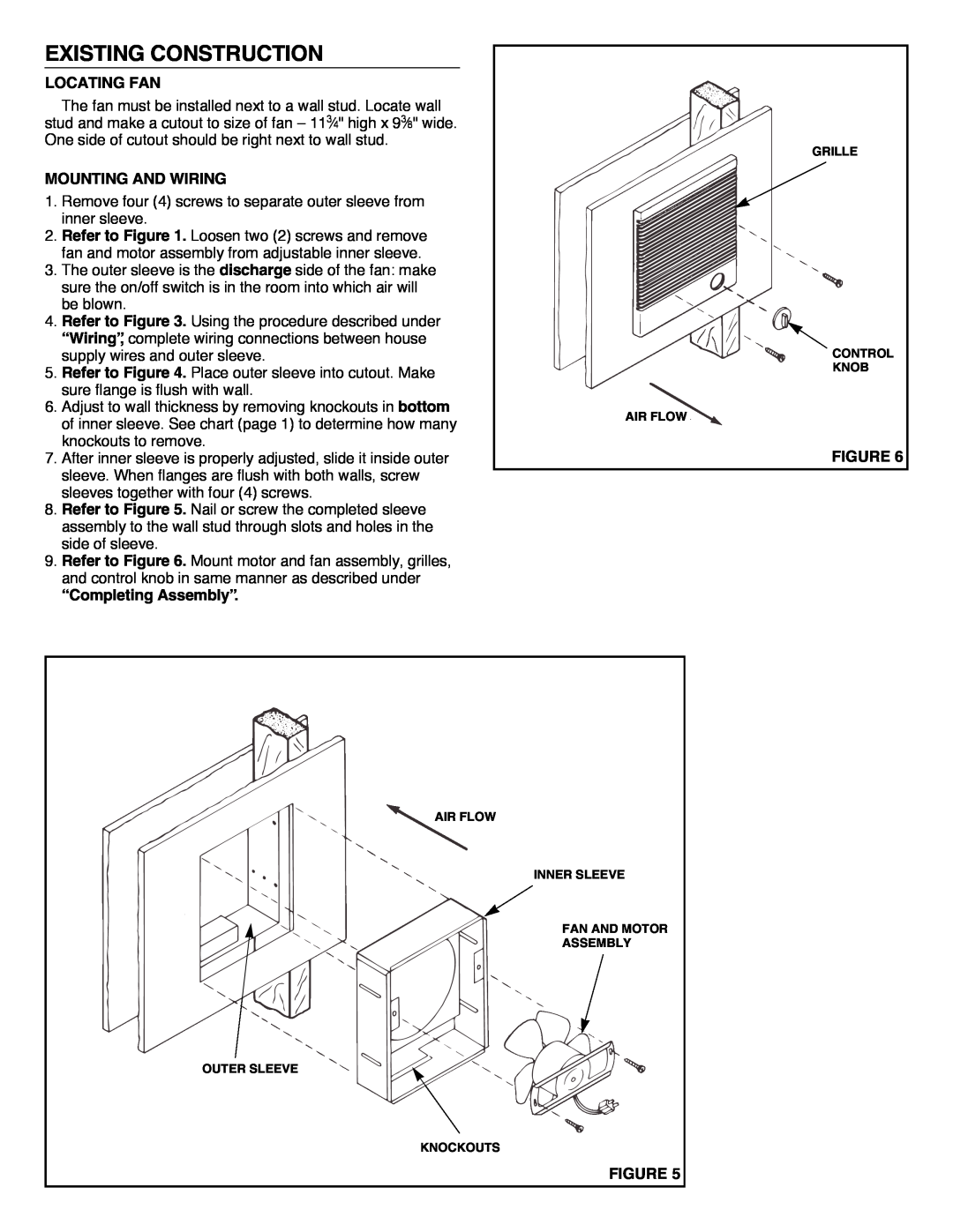 NuTone 8145 installation instructions Existing Construction, Locating Fan, Mounting And Wiring, “Completing Assembly” 