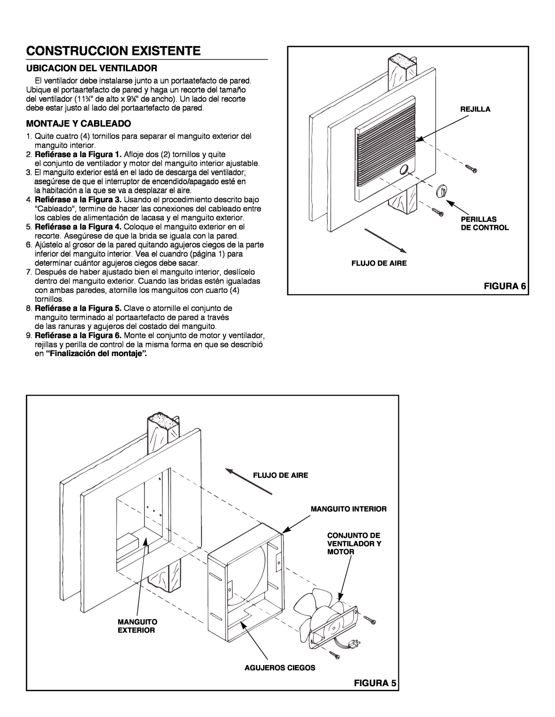 NuTone 8145 installation instructions Construccion Existente, Ubicacion Del Ventilador, Montaje Y Cableado, Figura 