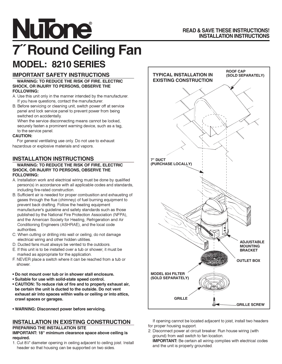 NuTone 8210 Series important safety instructions Important Safety Instructions, Installation Instructions 