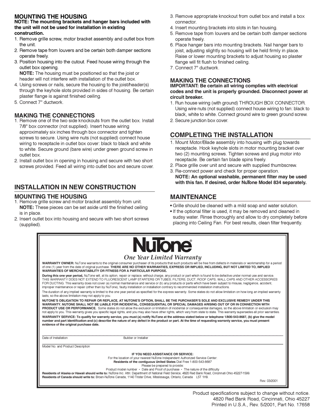 NuTone 8210 Series Installation in NEW Construction, Completing the Installation, Maintenance, Mounting the Housing 