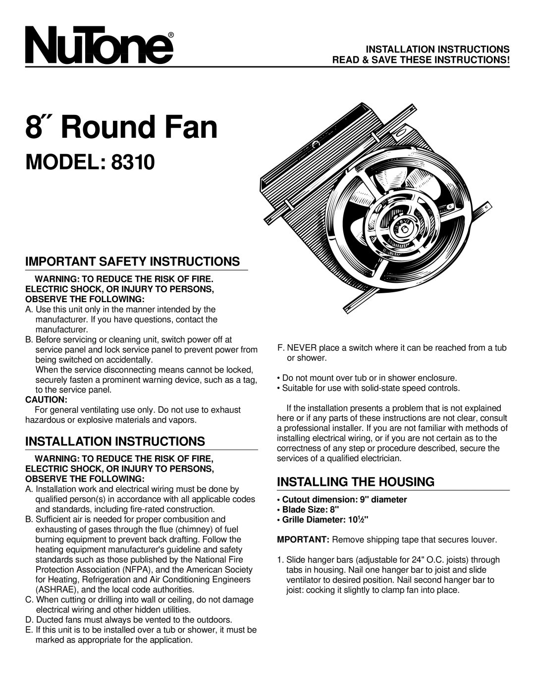 NuTone 8310 installation instructions Important Safety Instructions, Installation Instructions, Installing the Housing 