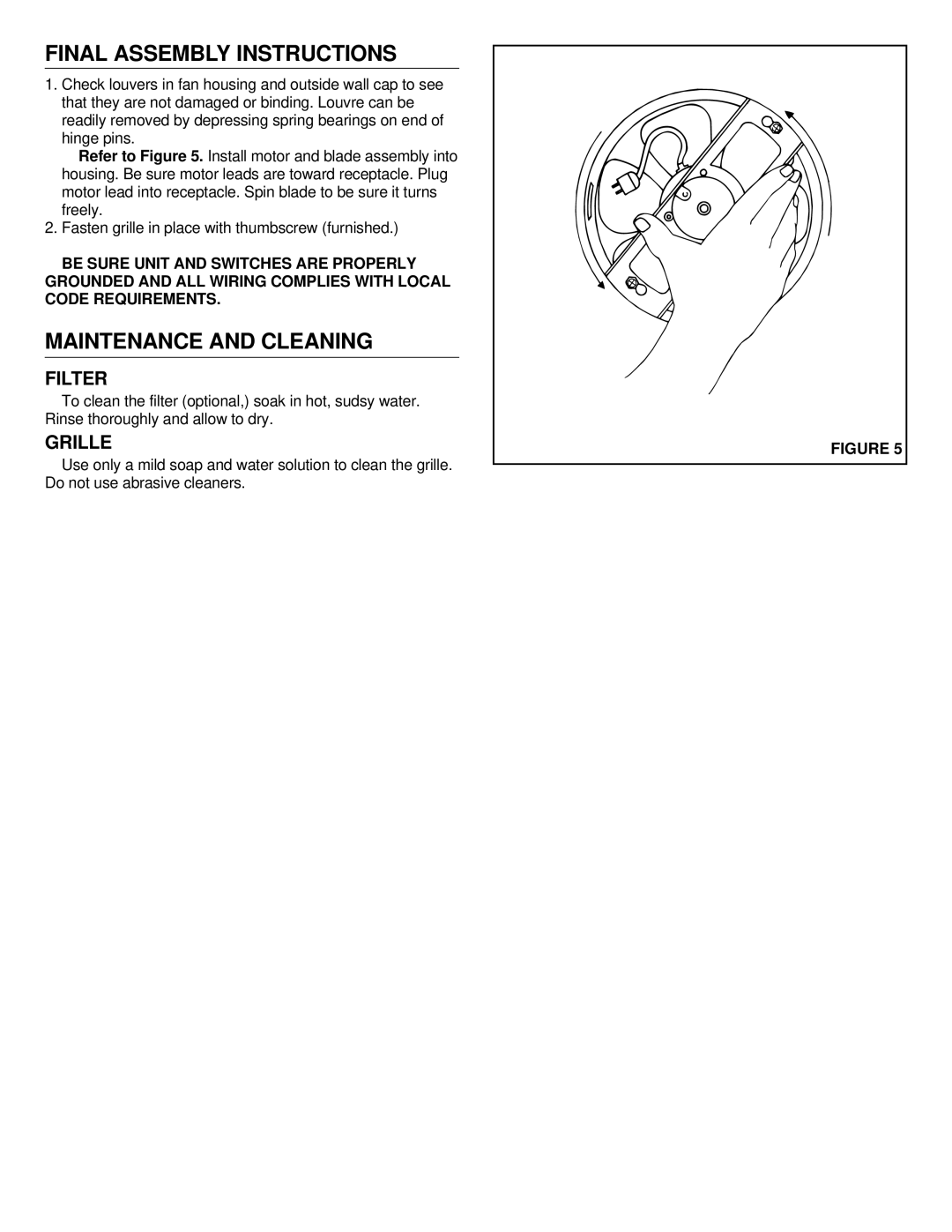 NuTone 8310 installation instructions Final Assembly Instructions, Maintenance and Cleaning 