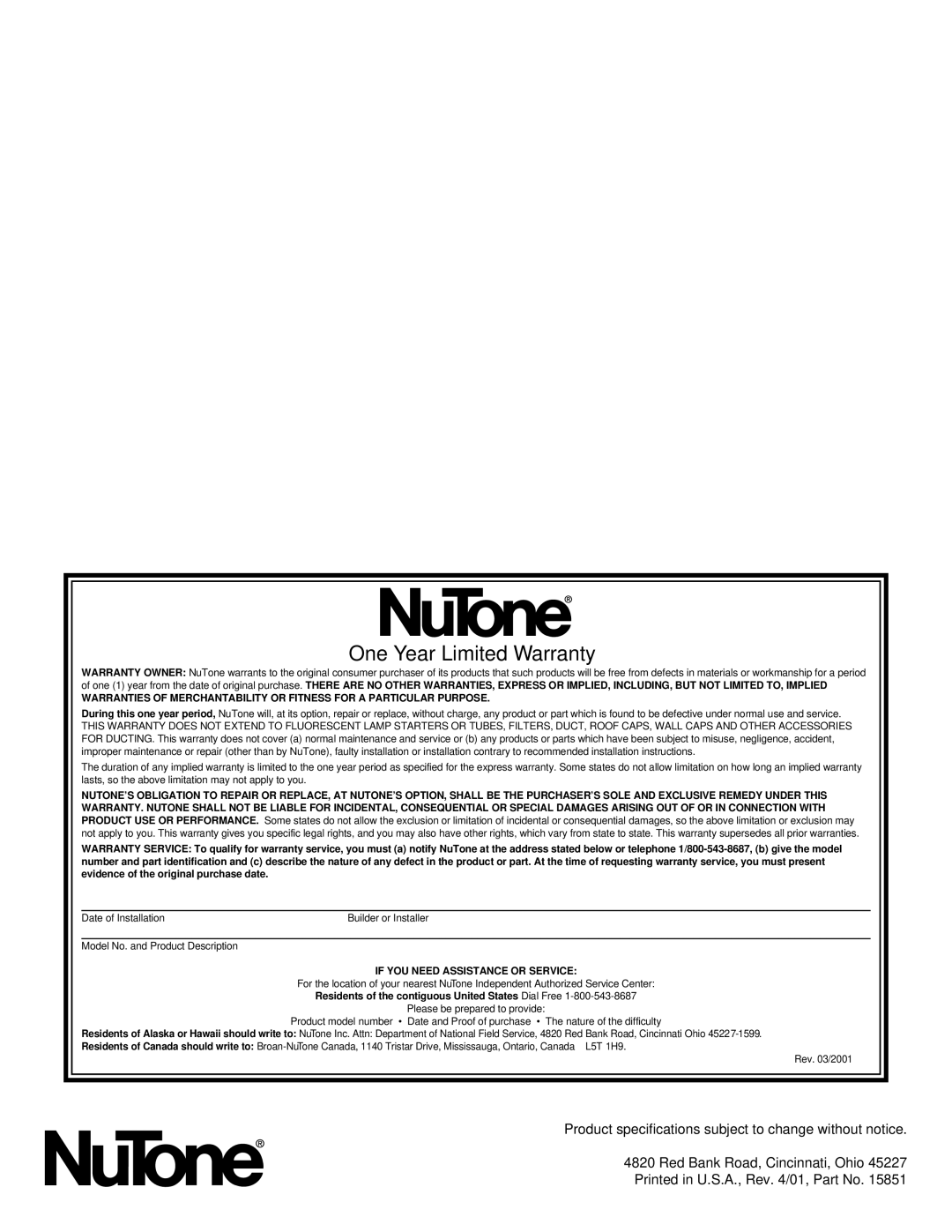 NuTone 8310 installation instructions One Year Limited Warranty 