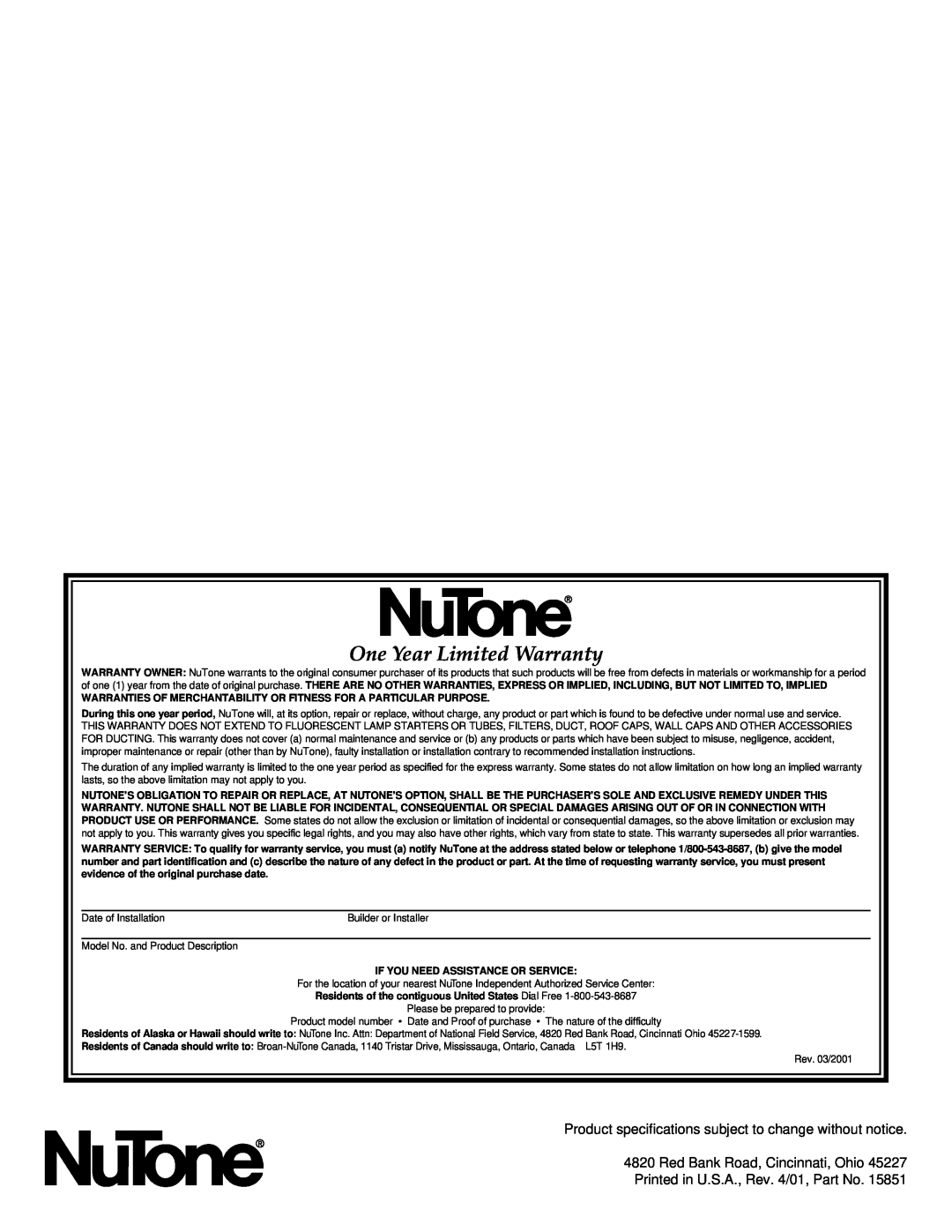 NuTone 8310 installation instructions One Year Limited Warranty, Red Bank Road, Cincinnati, Ohio 